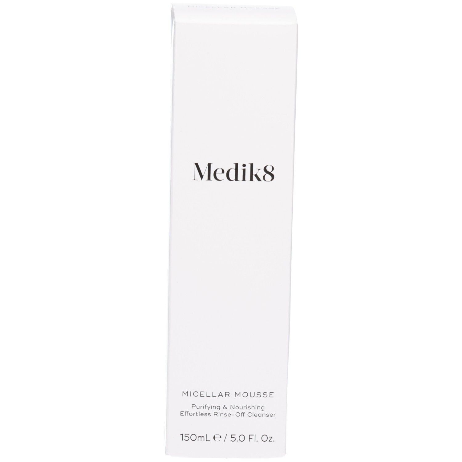 Emballage extérieur Medik8 Micellar Mousse avec informations produit. 150ml / 5.0 Fl. Oz.