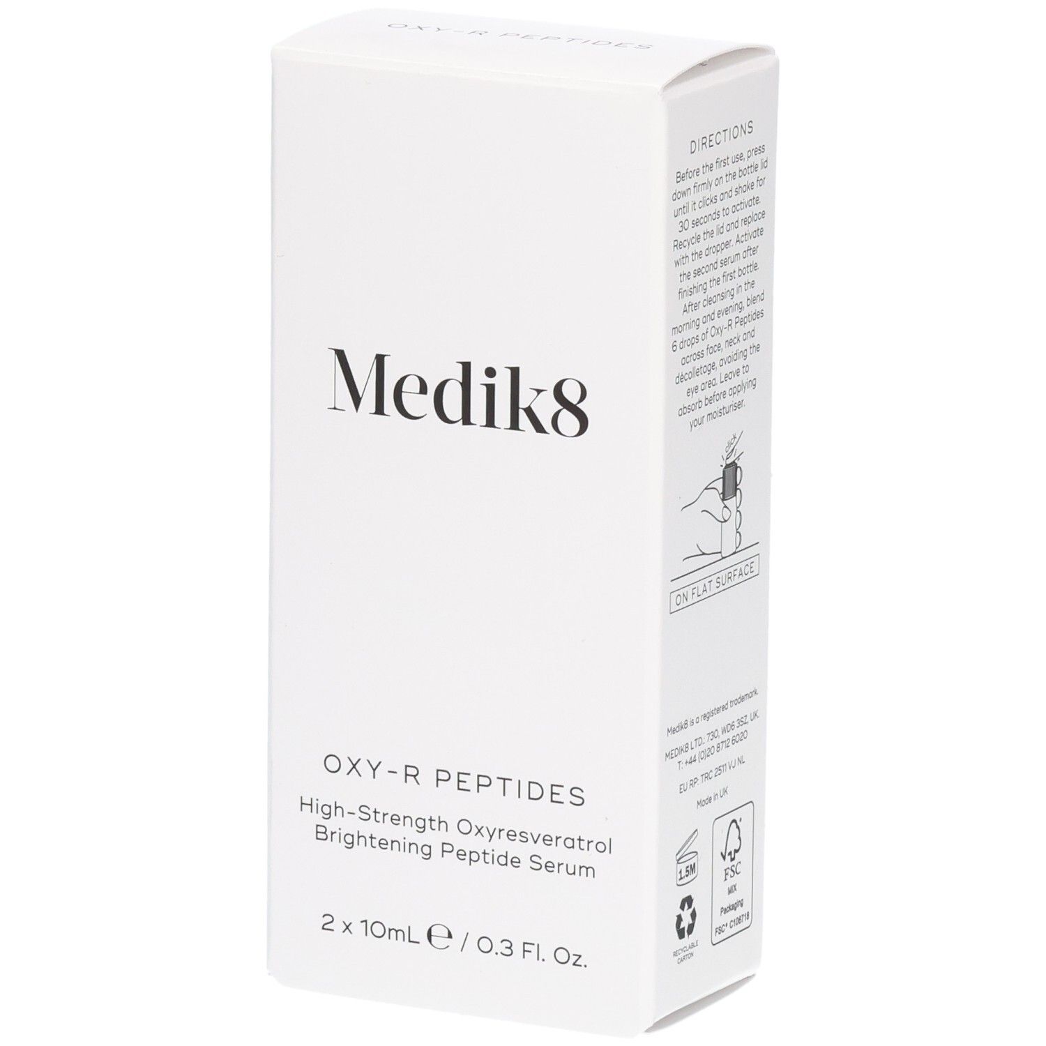 Emballage du sérum Medik8 Oxy-R Peptides avec instructions et informations produit.
