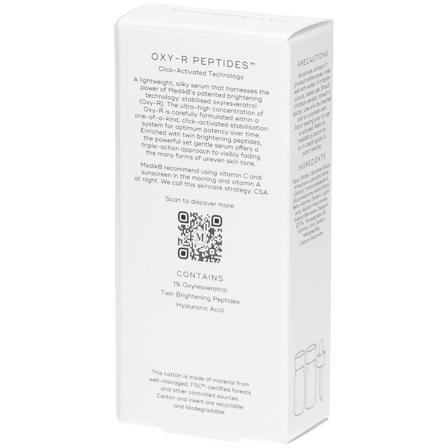 Côté de l'emballage Medik8 Oxy-R Peptides avec description du produit et code QR.
