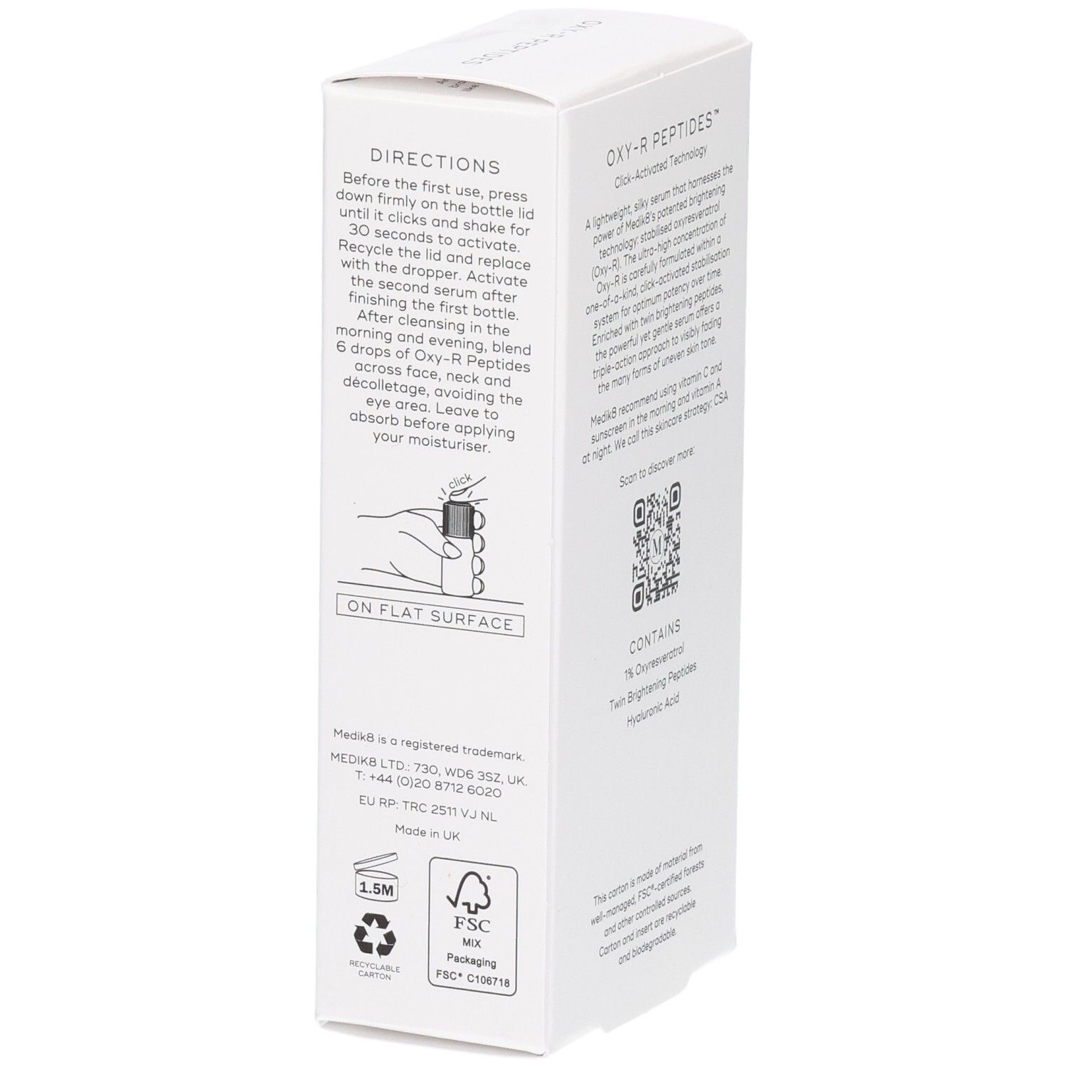 Côté de l'emballage Medik8 Oxy-R Peptides avec instructions d'utilisation et sceaux.