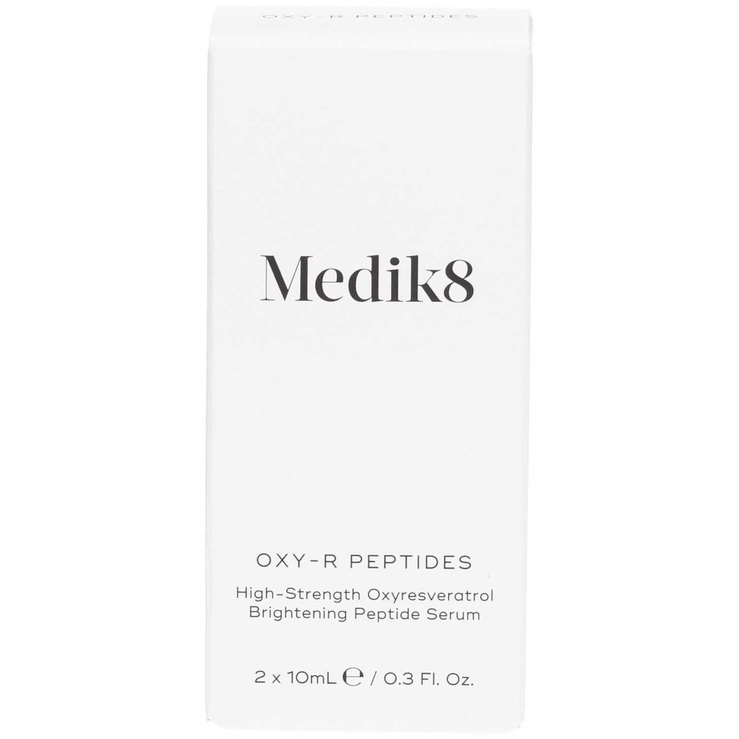 Avant de l'emballage Medik8 Oxy-R Peptides avec logo de la marque et nom du produit.