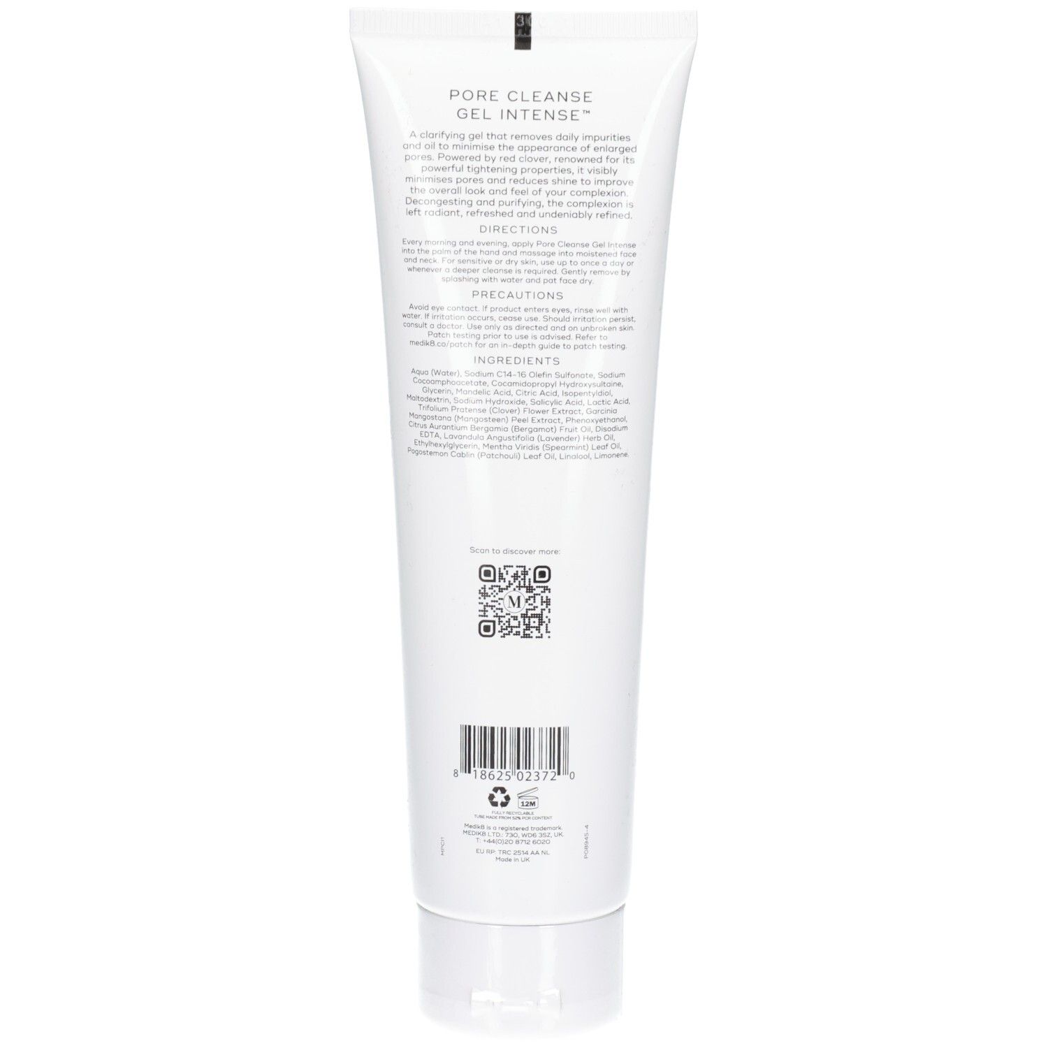 Arrière d'un tube blanc avec des informations détaillées sur le produit et des instructions.