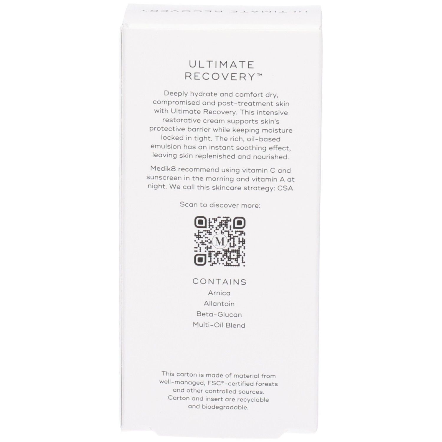 Arrière d'une boîte pliante Medikas avec description du produit et code QR.