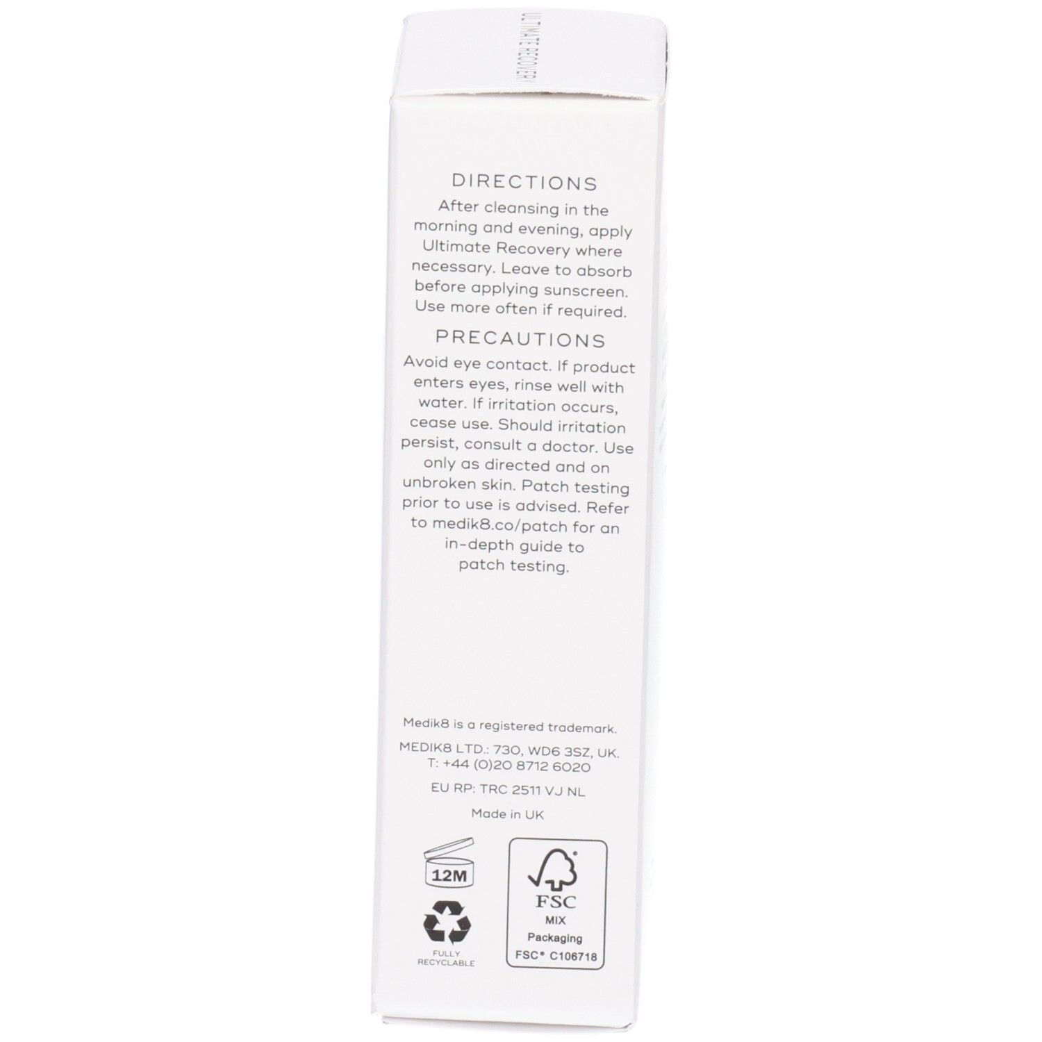 Côté d'une boîte pliante Medikas avec instructions d'utilisation et certifications.