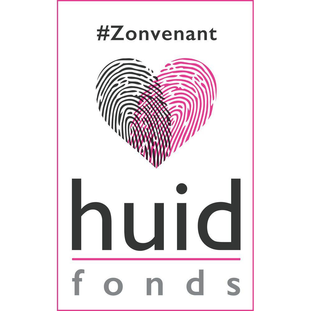 Logo de l'organisation Huidfonds. Deux empreintes digitales en forme de cœur, texte : #Zonvenant, huidfonds.