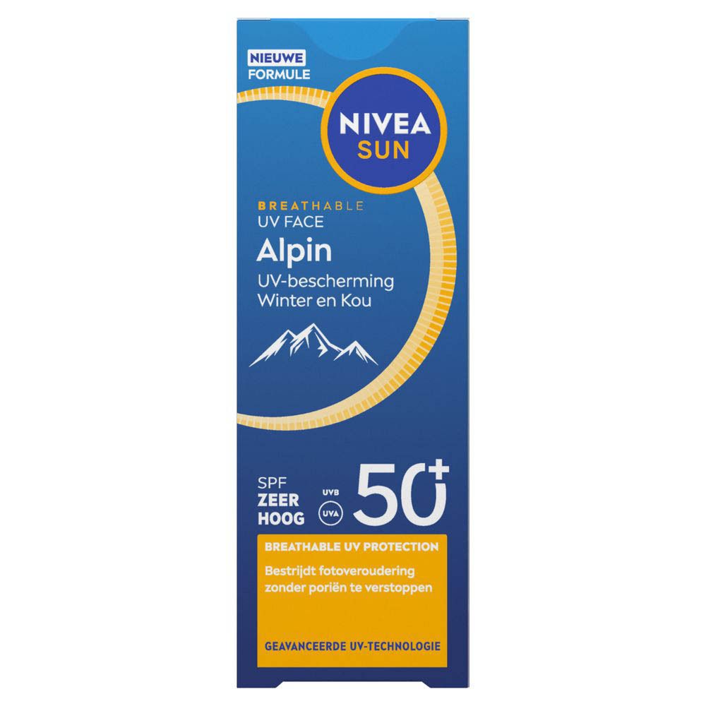 Nivea Sun Alpin crème, SPF 50, en boîte et tube. Emballage bleu. Texte en allemand et néerlandais.