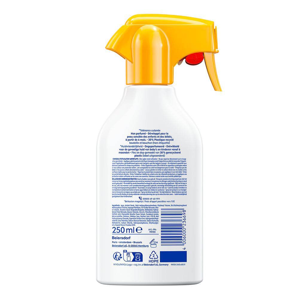 Dos du flacon blanc avec vaporisateur jaune. Texte et code-barres.