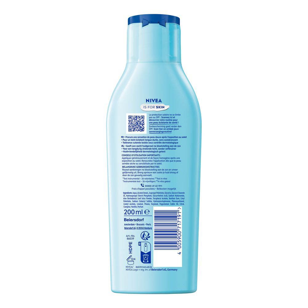 Dos du flacon bleu clair Nivea After Sun Bronze. Texte et code QR. 200 ml.