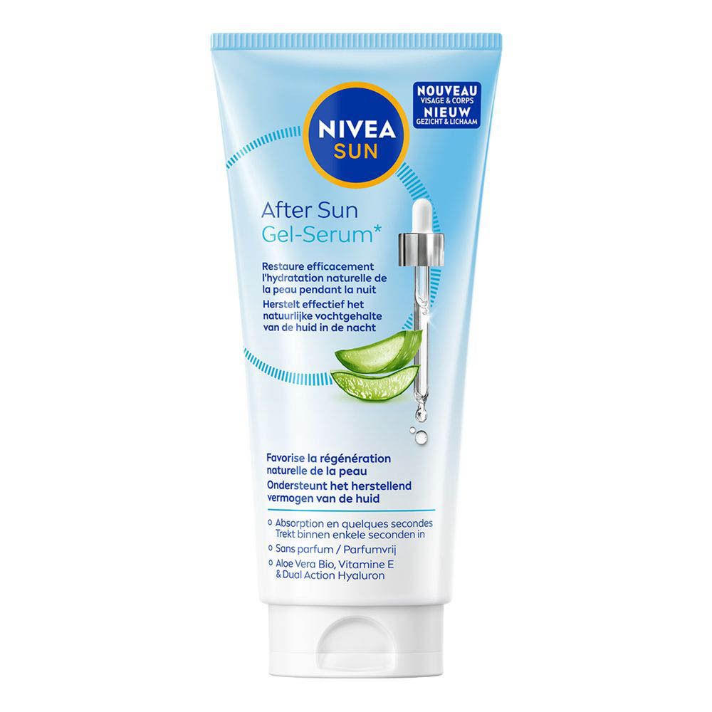Tube bleu clair NIVEA SUN After Sun Gel-Serum. Illustration d'aloe vera. Texte: Restaure, Hydratation, Herstelt, Favorise, Ondersteunt.