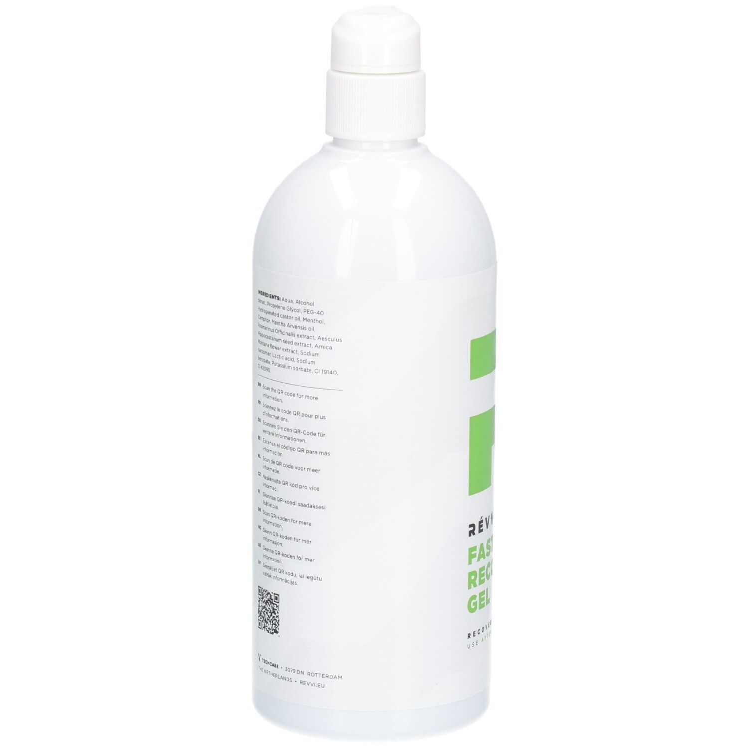 Dos du flacon blanc avec texte et code QR. Nom du produit RÉVVI FAST RECOVERY GEL.