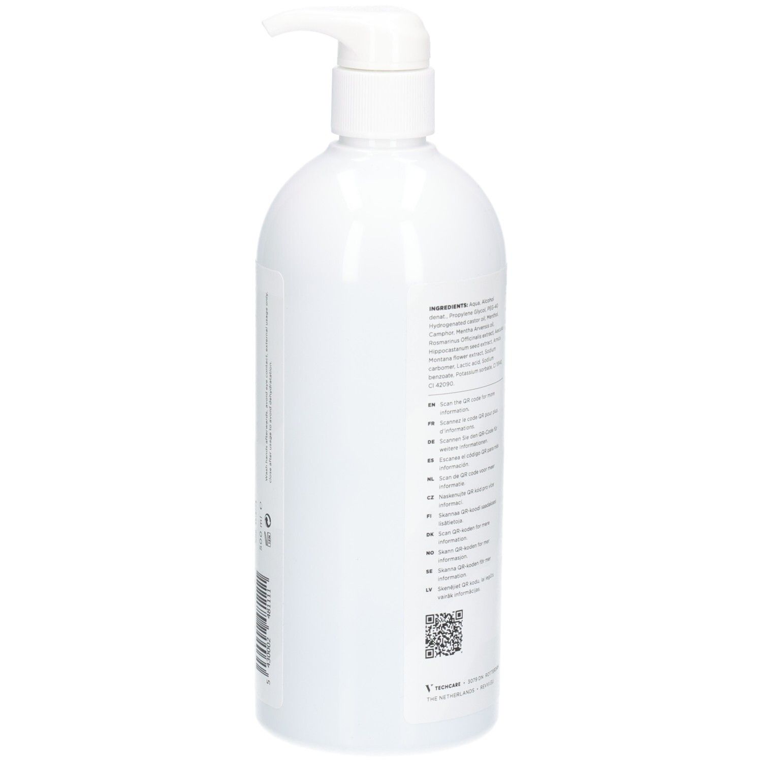 Dos du flacon blanc avec texte et code QR. Nom du produit RÉVVI FAST RECOVERY GEL.