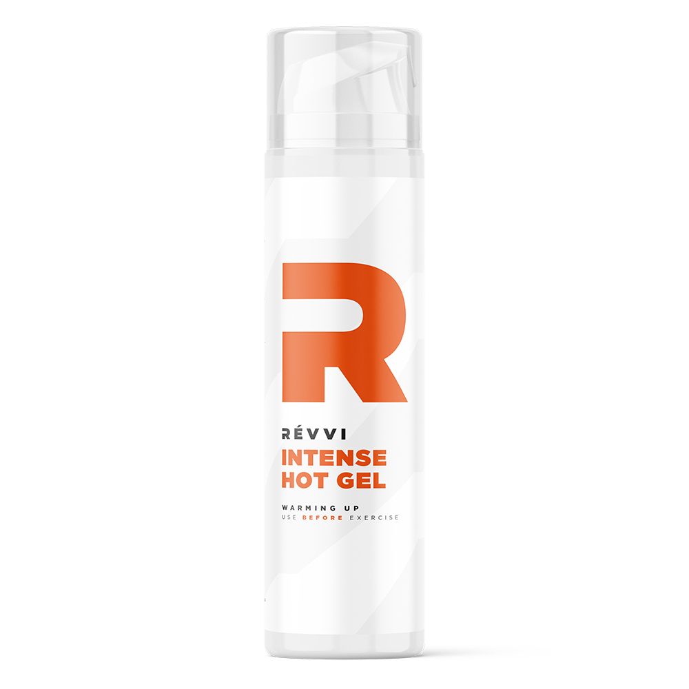 Flacon cylindrique blanc avec 'R' orange et texte: RÉVVI INTENSE HOT GEL. Pompe transparente. Inscription: WARMING UP. Avant l'exercice.