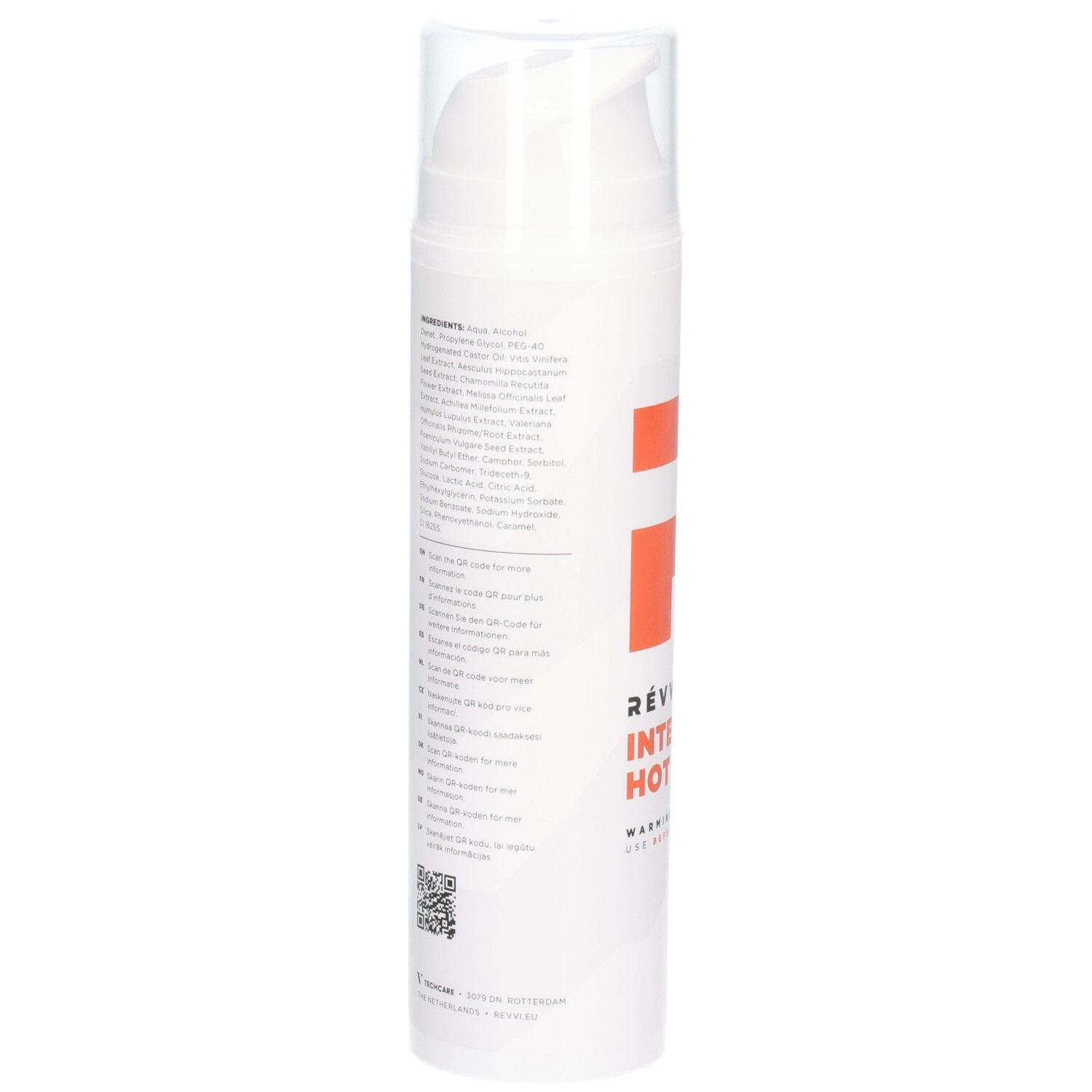 Flacon blanc avec texte et QR code. Inscription: RÉVVI INTENSE HOT GEL. Ingrédients et instructions en plusieurs langues.