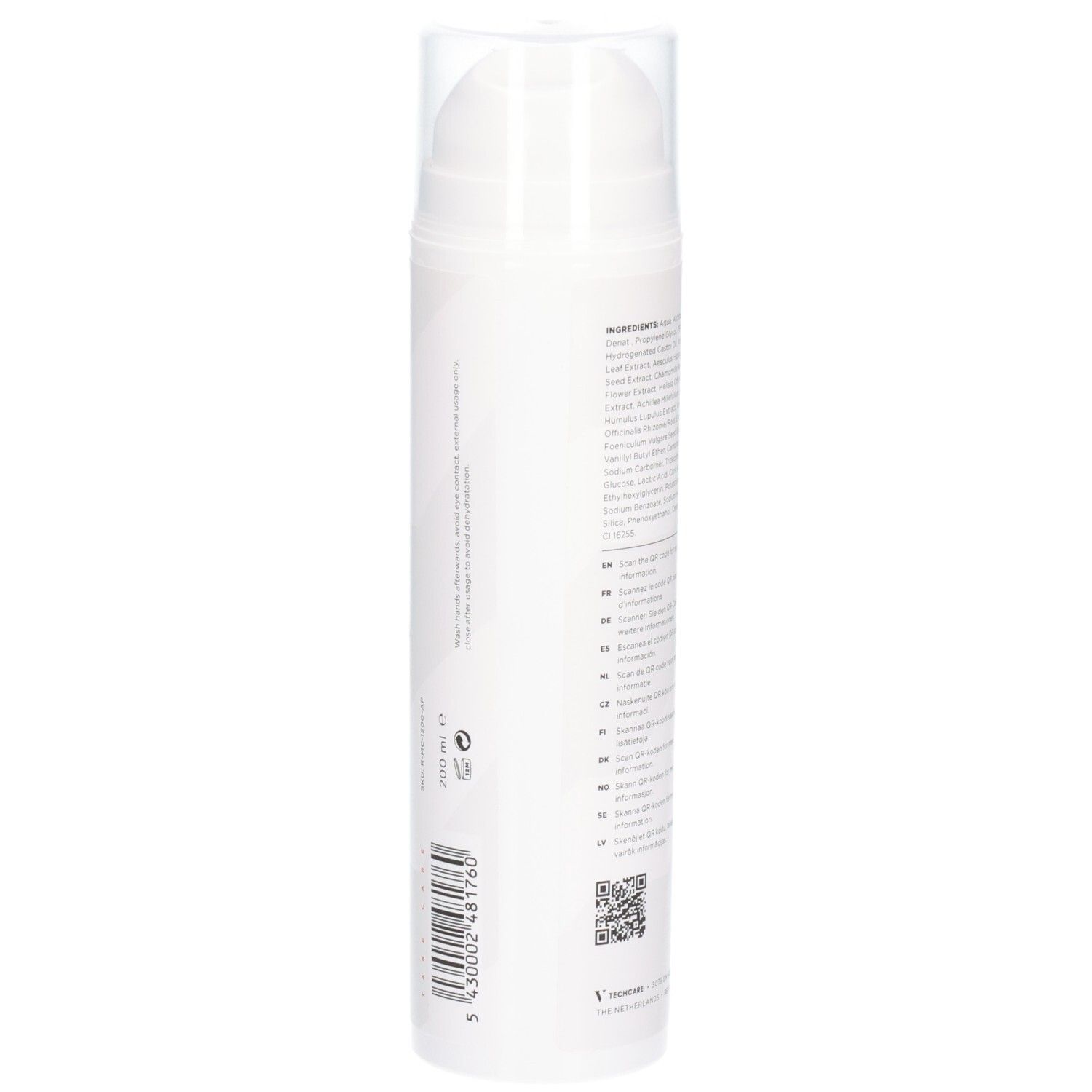 Flacon blanc avec texte et QR code. Inscription: RÉVVI INTENSE HOT GEL. Ingrédients et instructions en plusieurs langues.