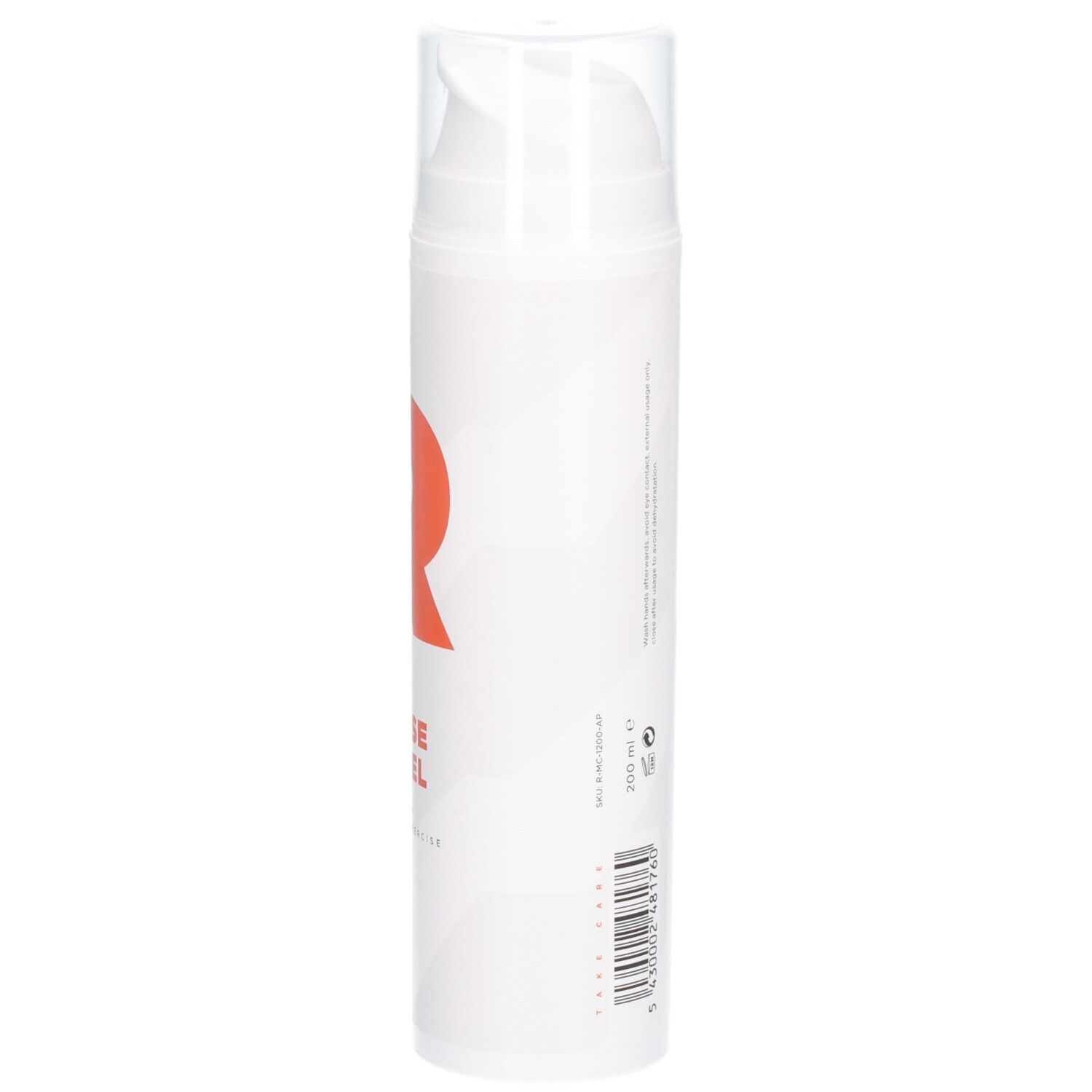 Flacon cylindrique blanc avec 'R' orange et texte: RÉVVI INTENSE HOT GEL. Pompe transparente. Inscription: WARMING UP. Avant l'exercice.