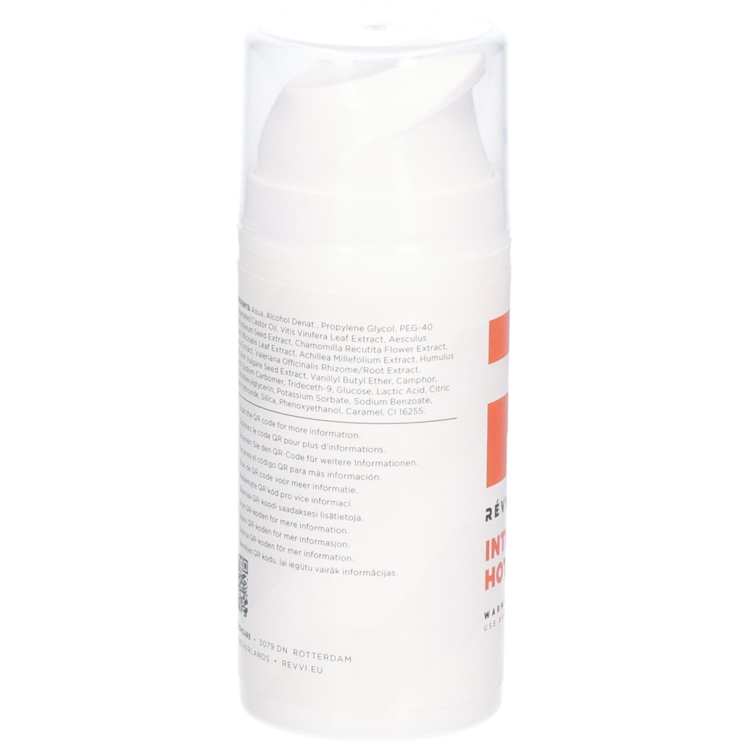 Flacon blanc avec liste d'ingrédients et QR code. Bouchon transparent.