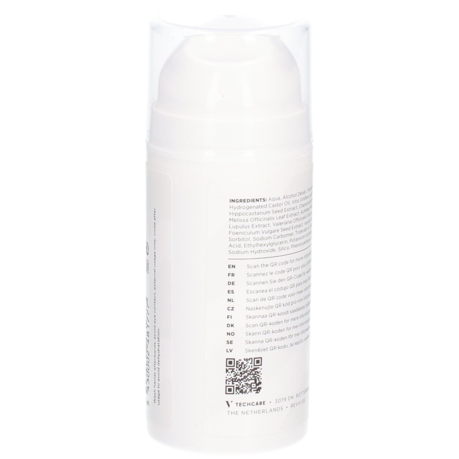 Flacon blanc avec liste d'ingrédients et QR code. Bouchon transparent.