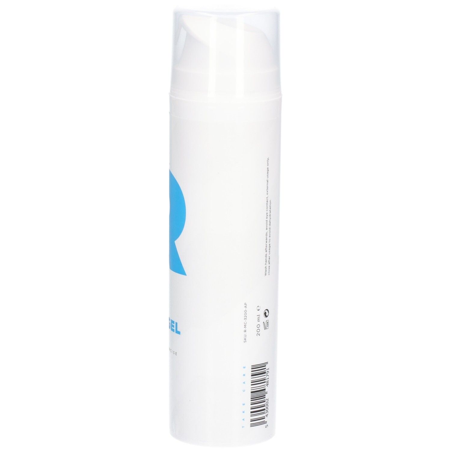 Flacon cylindrique blanc avec logo "R" bleu. Texte : RÉVVI ICE COLD GEL, COOLING, FOR AFTER EXERCISE. Avec tête de distribution. 200 ml.