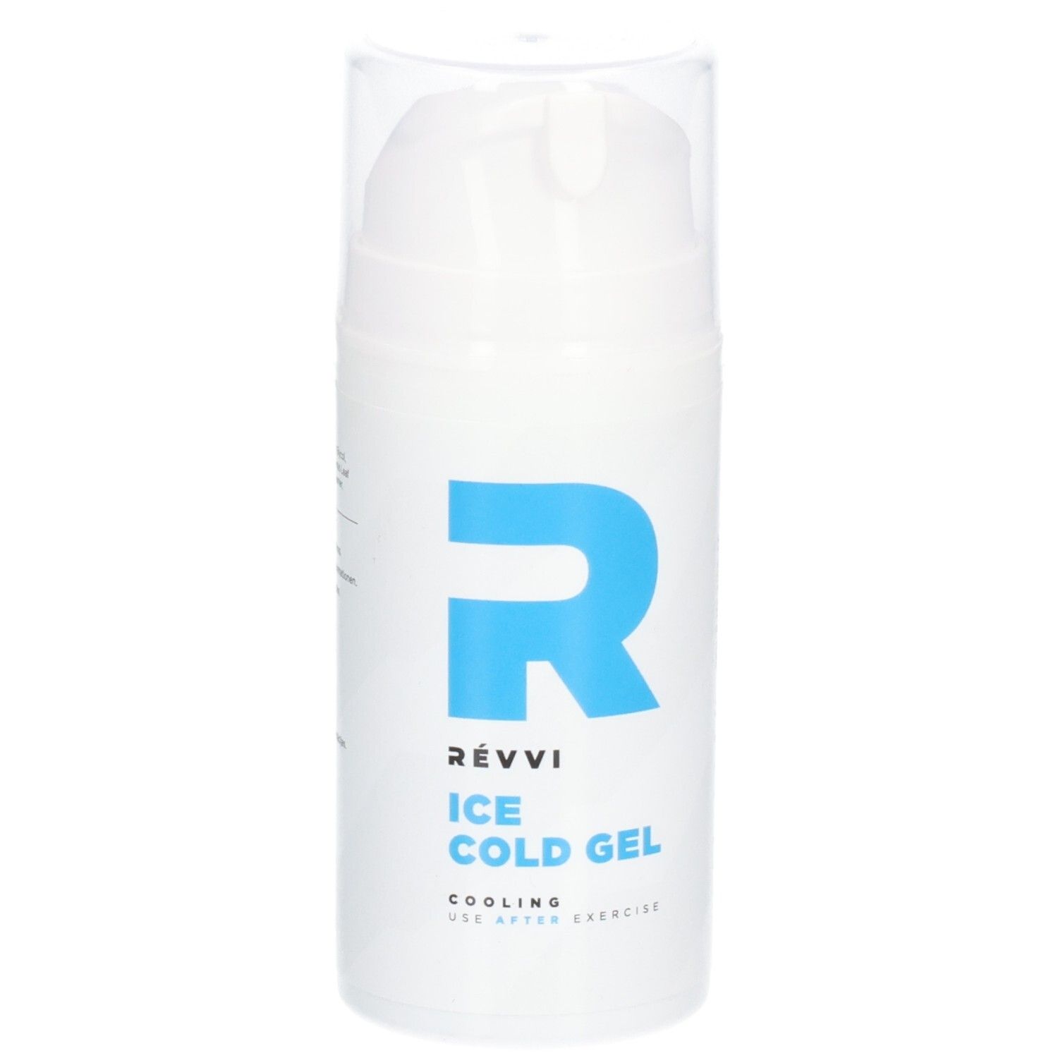 Flacon blanc avec logo "R" bleu et texte "RÉVVI Ice Cold Gel". Rafraîchissant, après l'exercice.