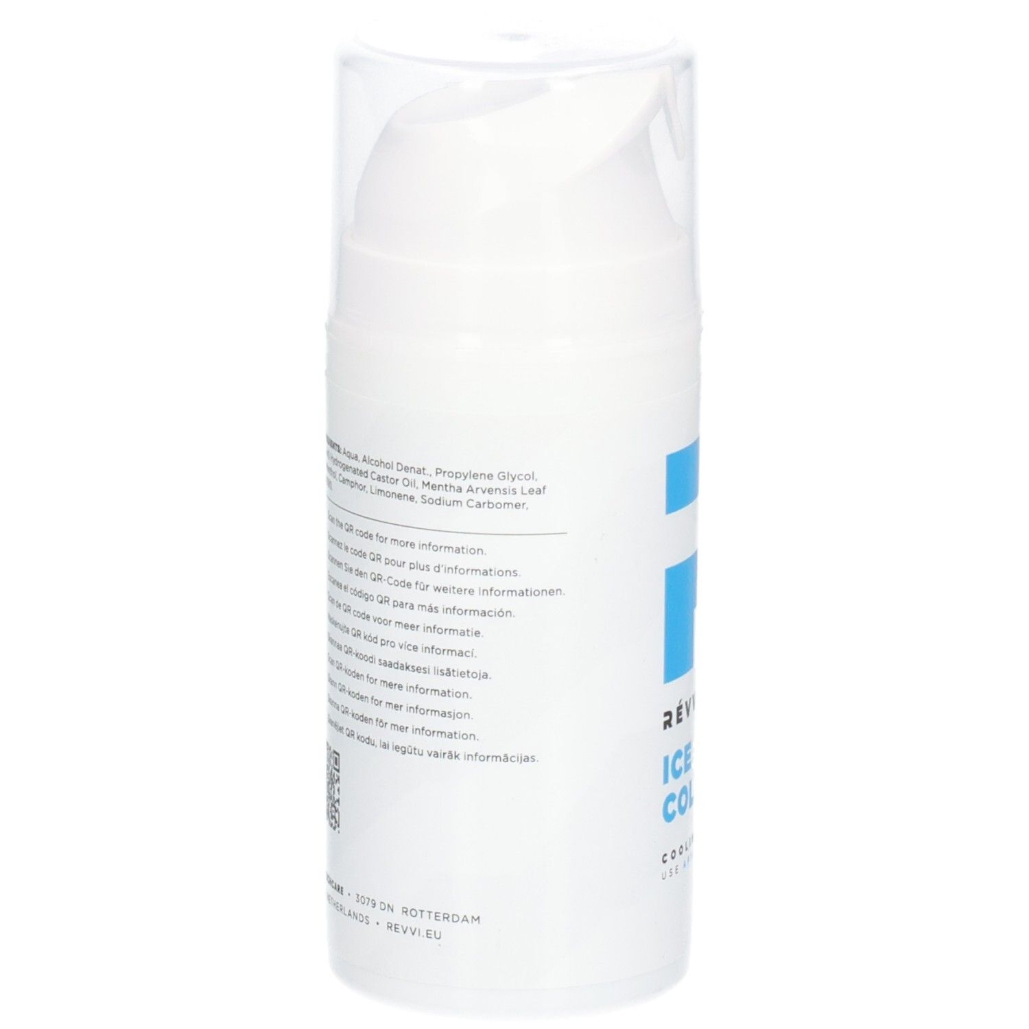 Flacon blanc avec ingrédients et codes QR. Texte : "RÉVVI Ice Cold Gel".