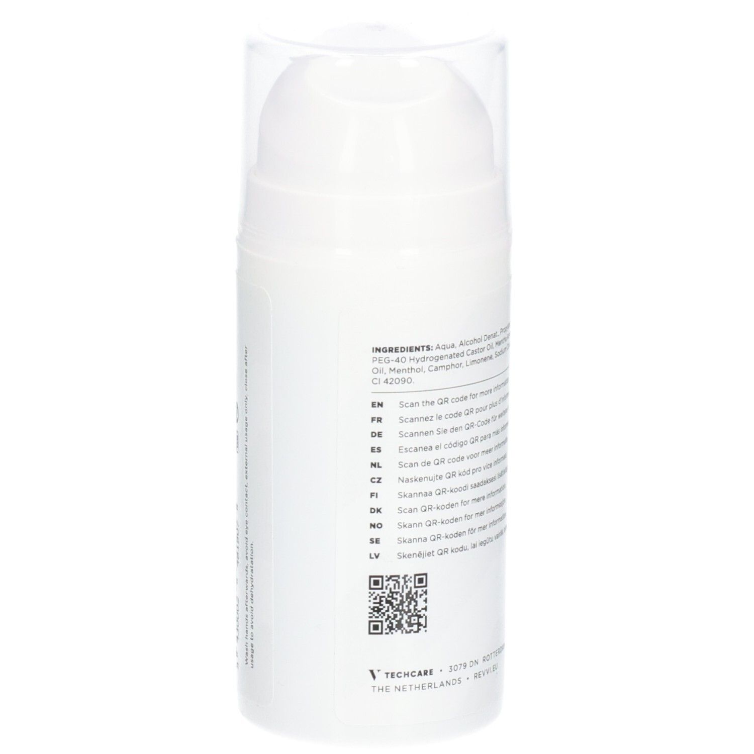 Flacon blanc avec ingrédients et codes QR. Texte : "RÉVVI Ice Cold Gel".