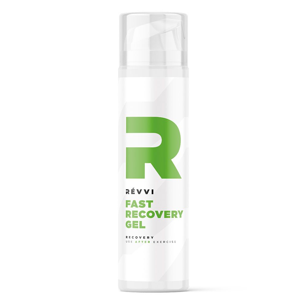 Flacon blanc avec "R" vert et texte. "RÉVVI Fast Recovery Gel" et "Recovery for after exercise" sont visibles.