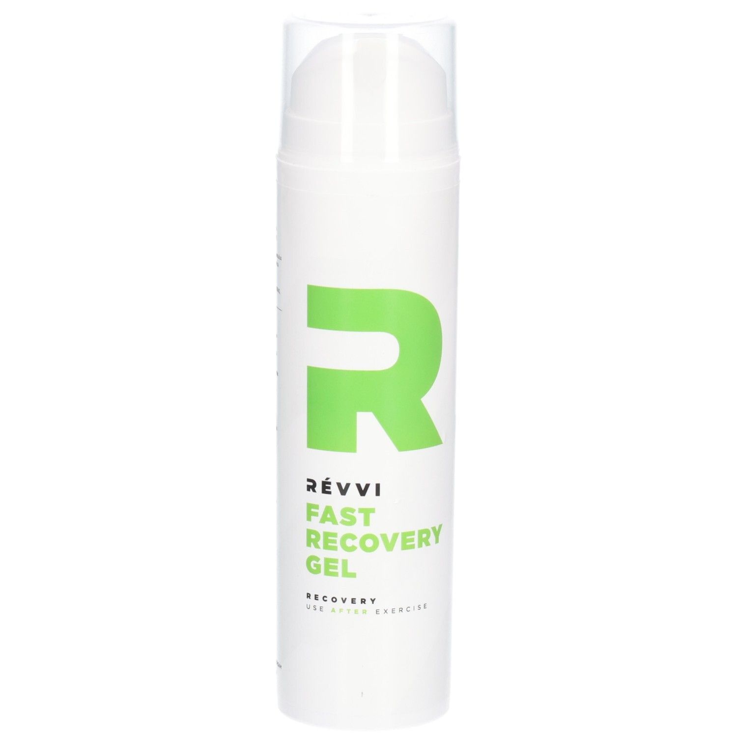 Flacon blanc avec "R" vert et texte. "RÉVVI Fast Recovery Gel" et "Recovery for after exercise" sont visibles.
