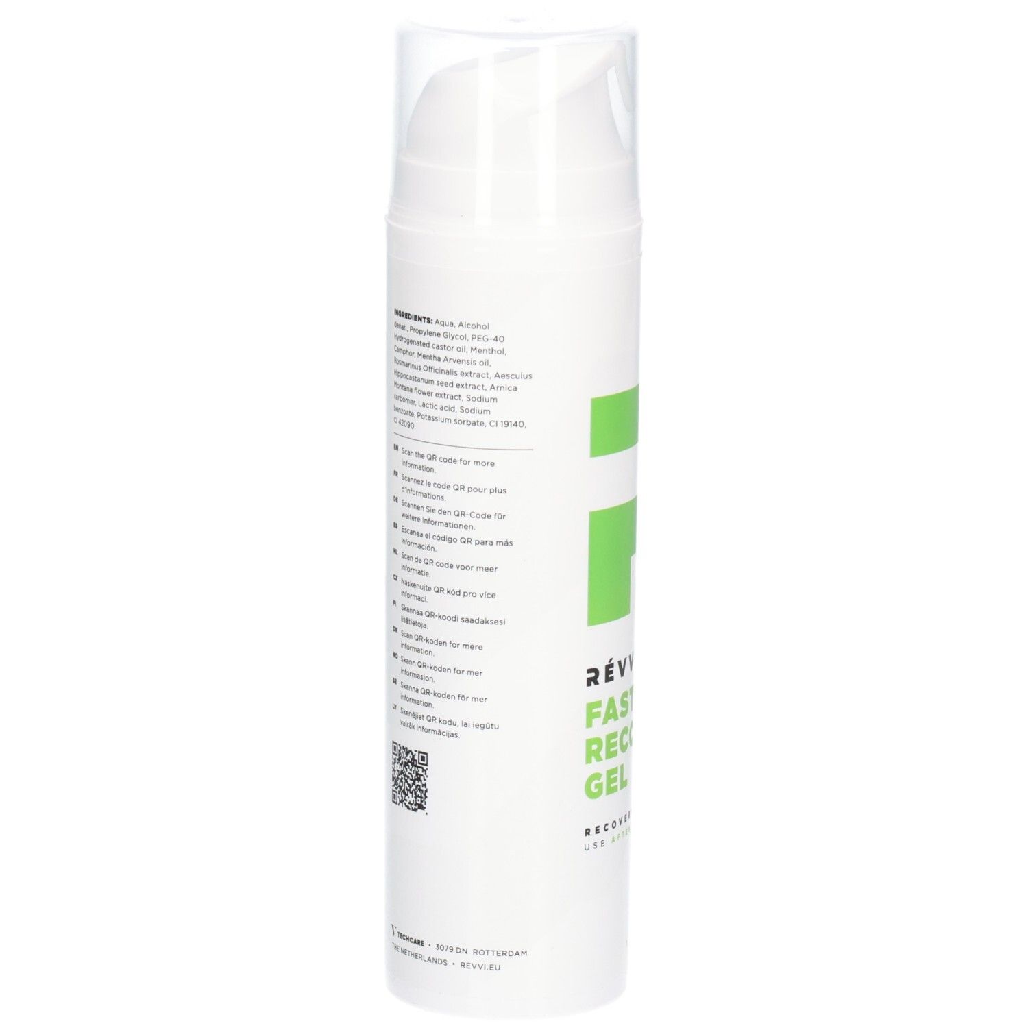 Flacon blanc avec texte. Liste des ingrédients et code QR visibles. "RÉVVI Fast Recovery Gel" partiellement visible.