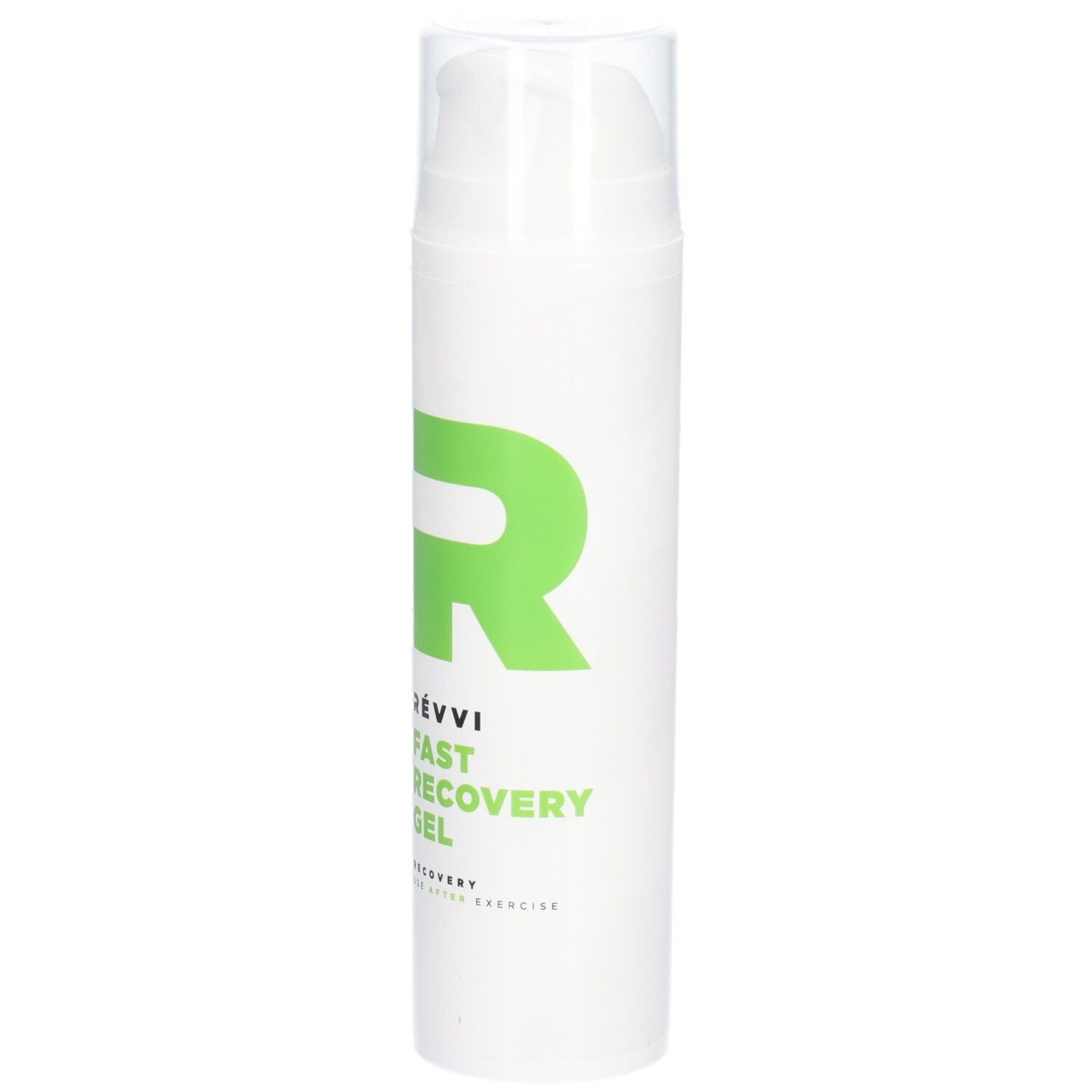 Flacon blanc avec "R" vert et texte. "RÉVVI Fast Recovery Gel" et "Recovery for after exercise" sont visibles.