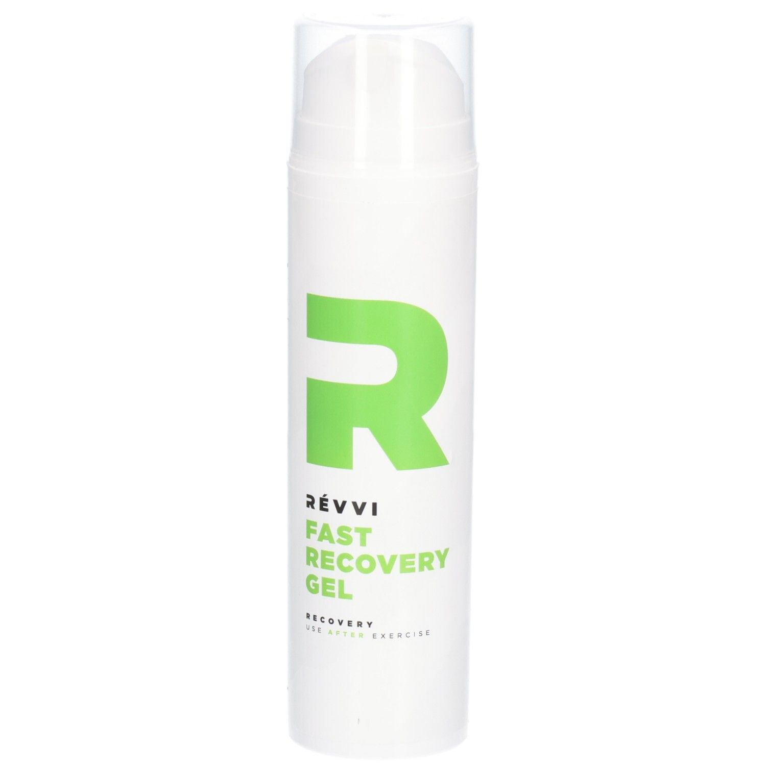 Flacon blanc avec "R" vert et texte. "RÉVVI Fast Recovery Gel" et "Recovery for after exercise" sont visibles.