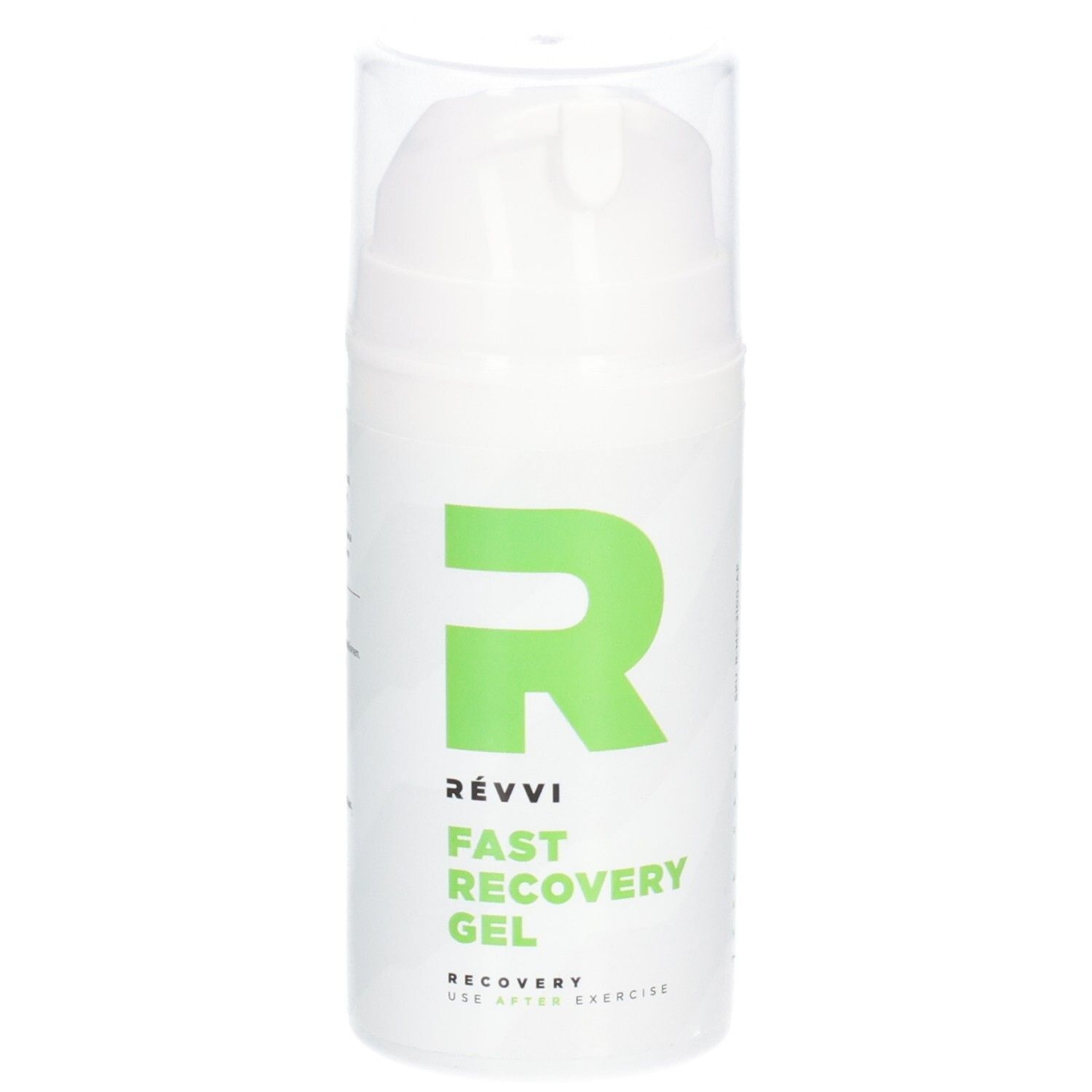 Flacon cylindrique blanc avec logo et texte verts. Nom du produit : Fast Recovery Gel. Avec bouchon transparent.