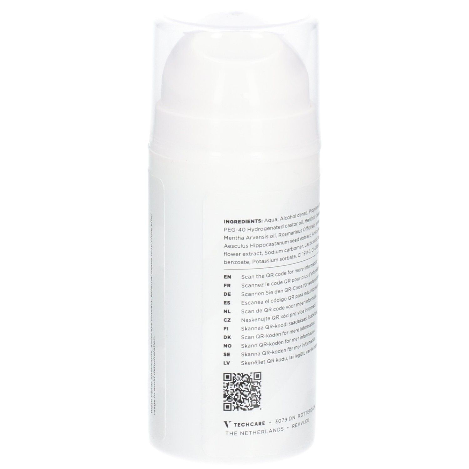 Flacon blanc avec texte vert. Dos avec ingrédients et code QR. Bouchon transparent.