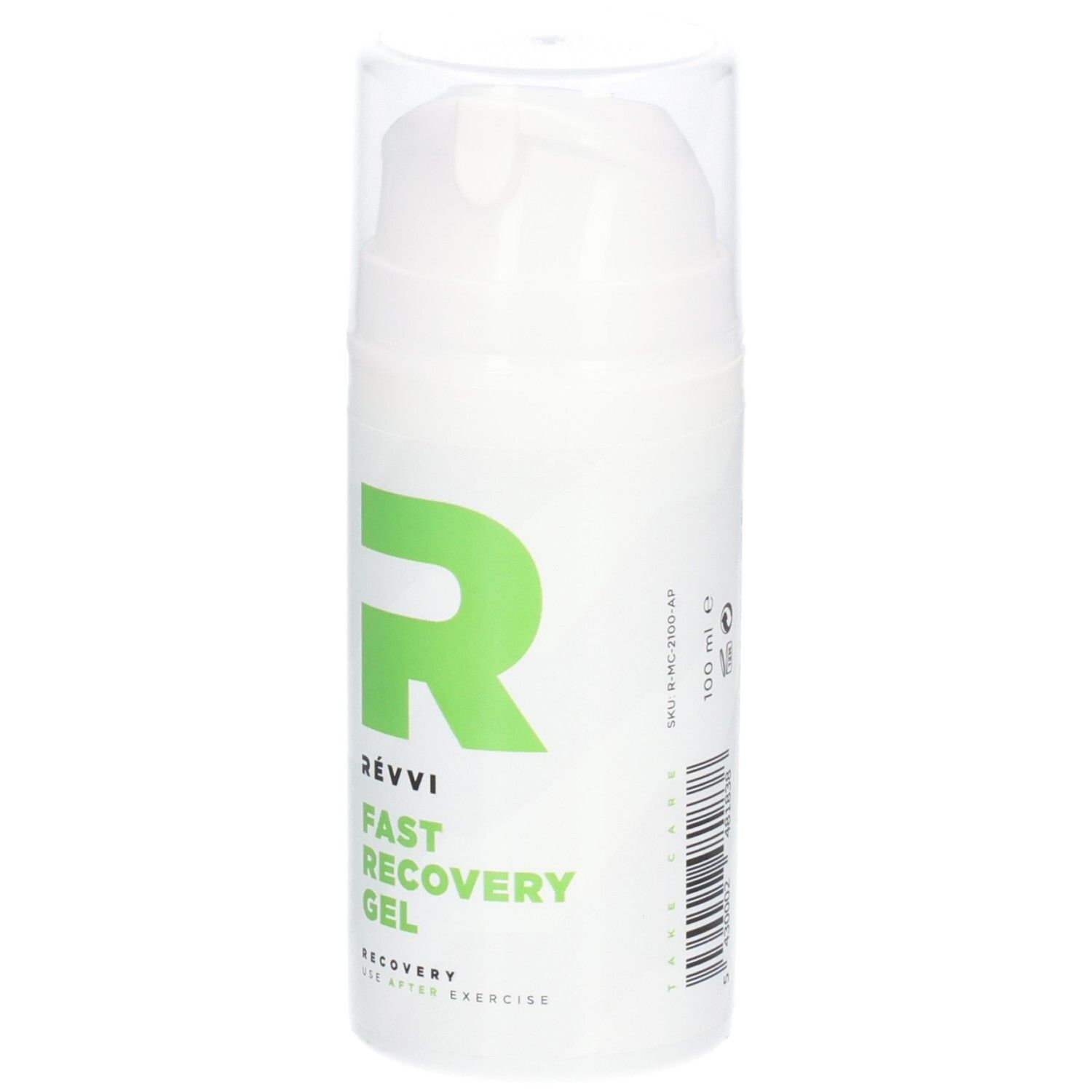 Flacon cylindrique blanc avec logo et texte verts. Nom du produit : Fast Recovery Gel. Avec bouchon transparent.
