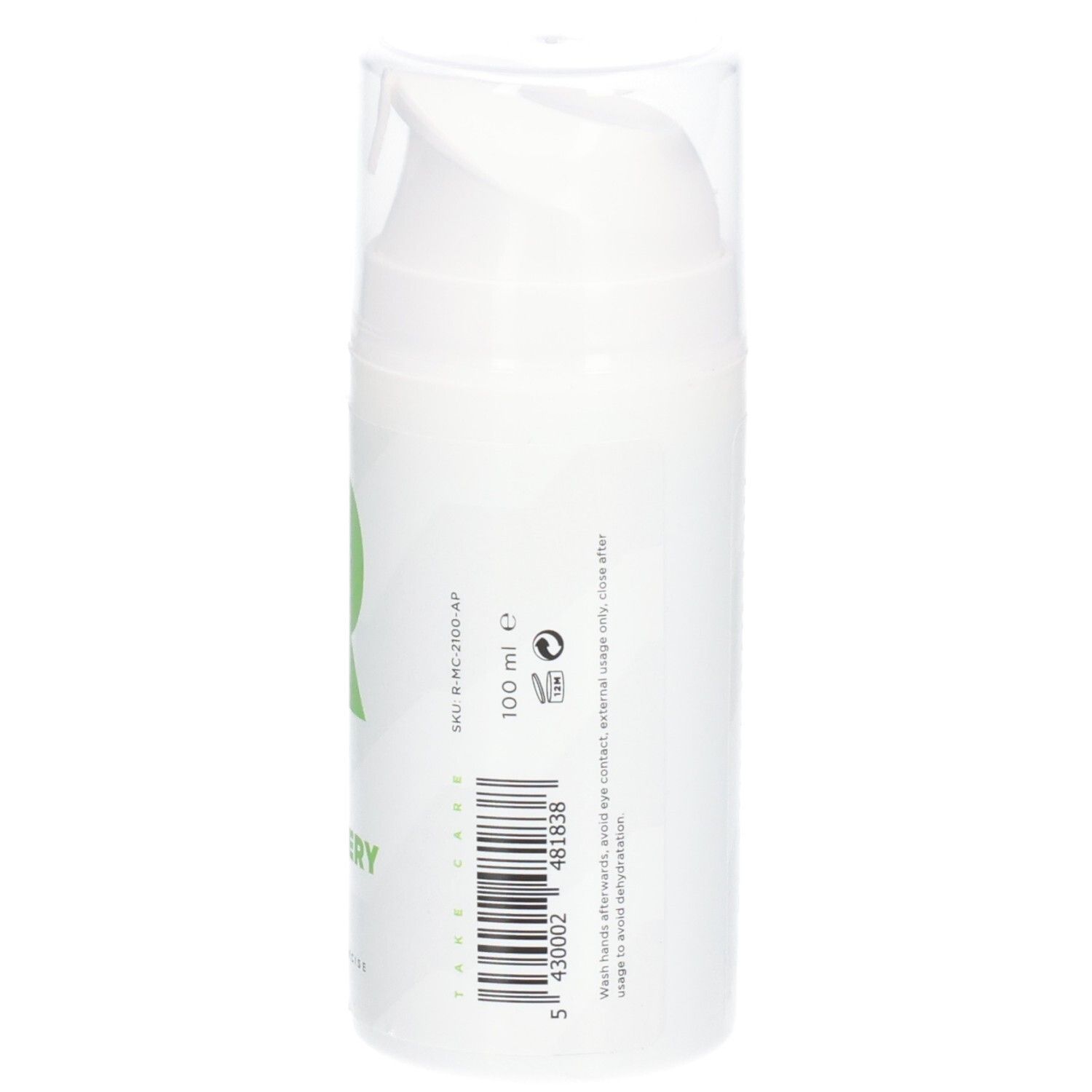 Flacon blanc avec texte vert. Nom du produit : Fast Recovery Gel. Avec bouchon transparent. 100 ml.