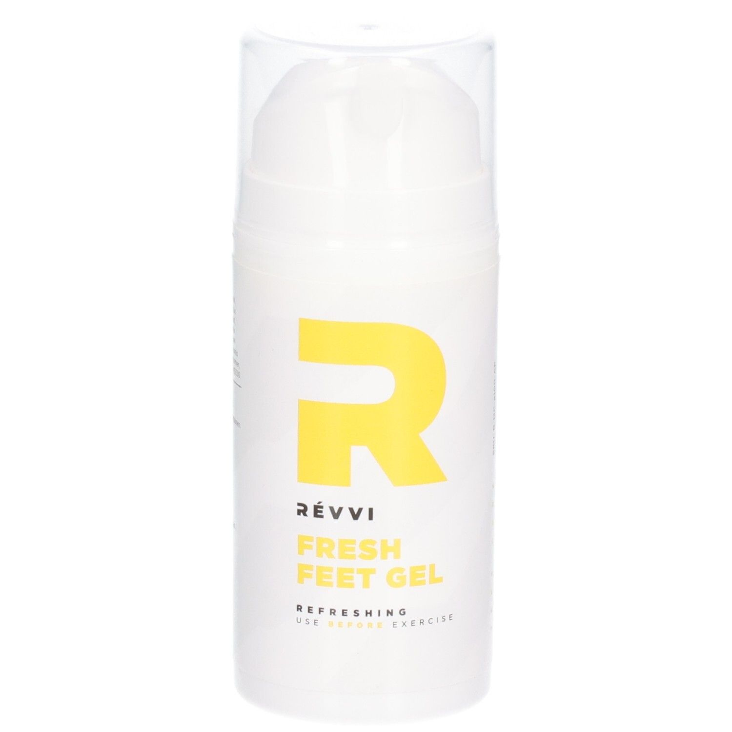 Gel RÉVVI Fresh Feet. Flacon blanc avec 'R' jaune et nom du produit. Bouchon transparent. Texte : Refreshing, Use before exercise.