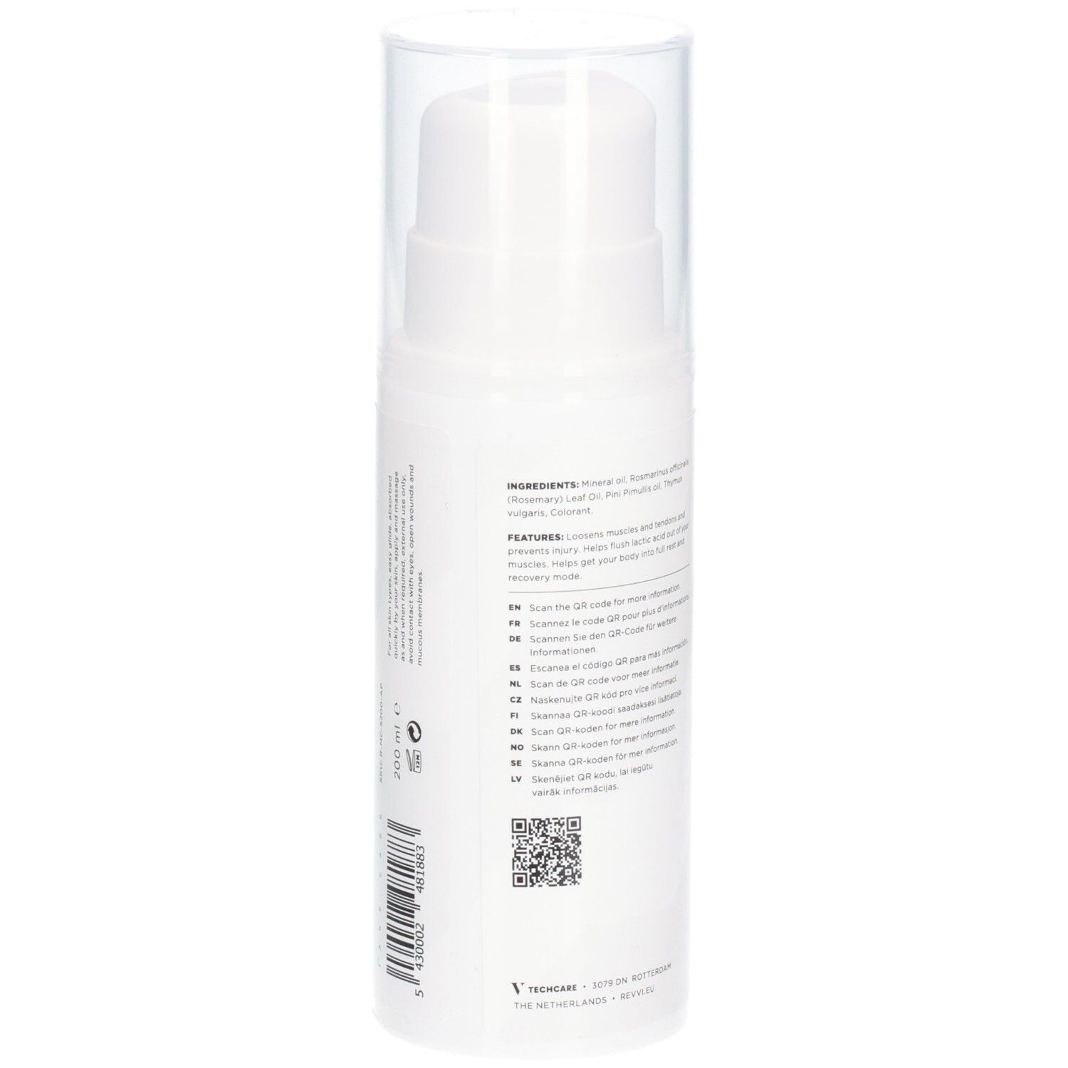 Flacon blanc avec texte et code QR. Inscription : RÉVVI, ALPINE SPORTS MASSAGE OIL. Bouchon transparent. Texte sur le côté.