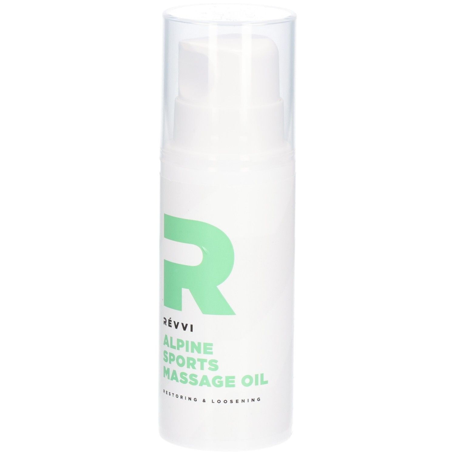 Flacon blanc avec logo et texte verts. Inscription : RÉVVI, ALPINE SPORTS MASSAGE OIL. Bouchon transparent.