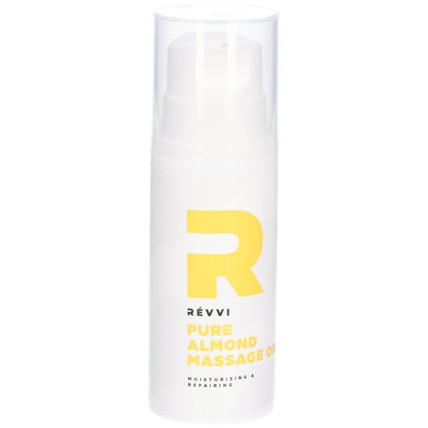 Flacon blanc avec logo et texte jaunes. Inscription : RÉVVI Pure Almond Massage Oil. Avec tête de pompe.