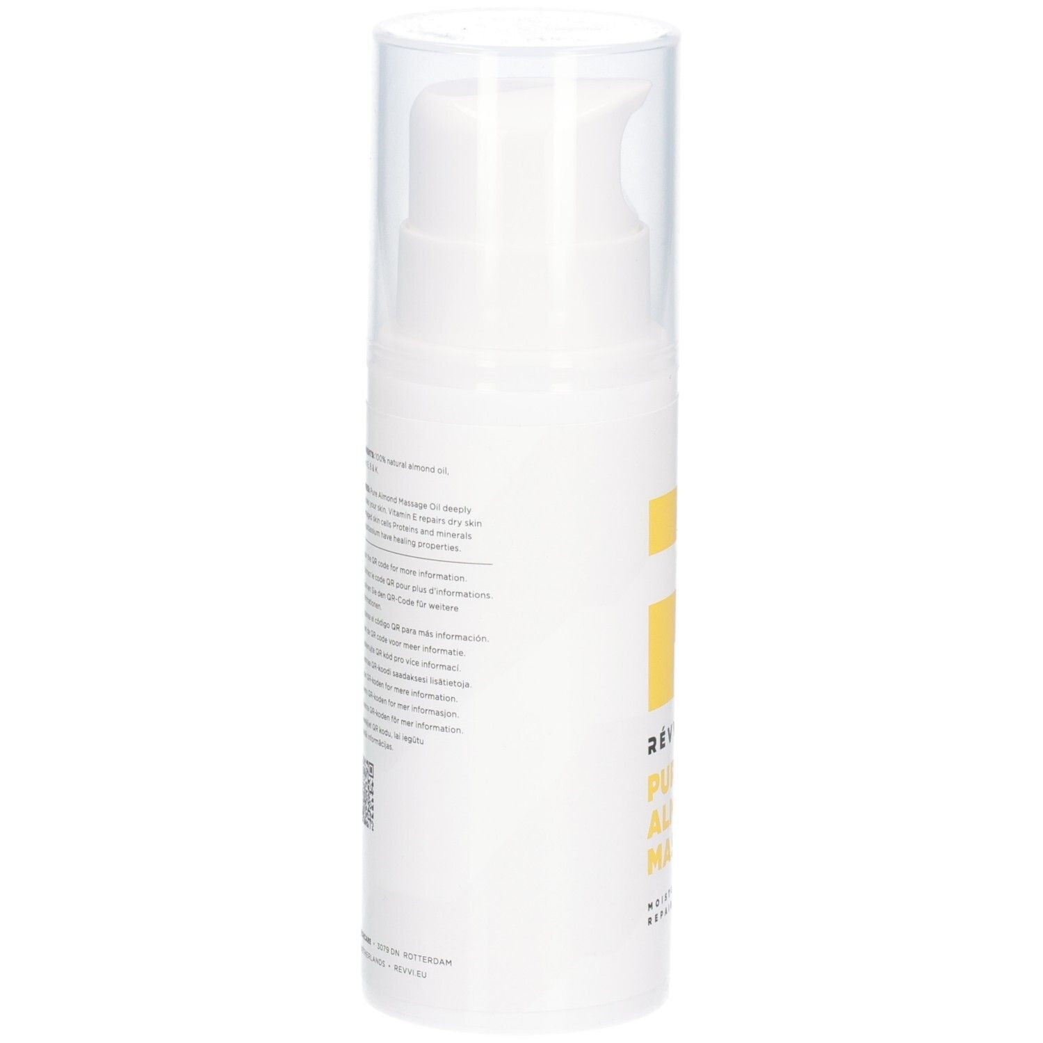 Flacon blanc avec texte et code QR. Inscription : RÉVVI Pure Almond Massage Oil. Avec tête de pompe.