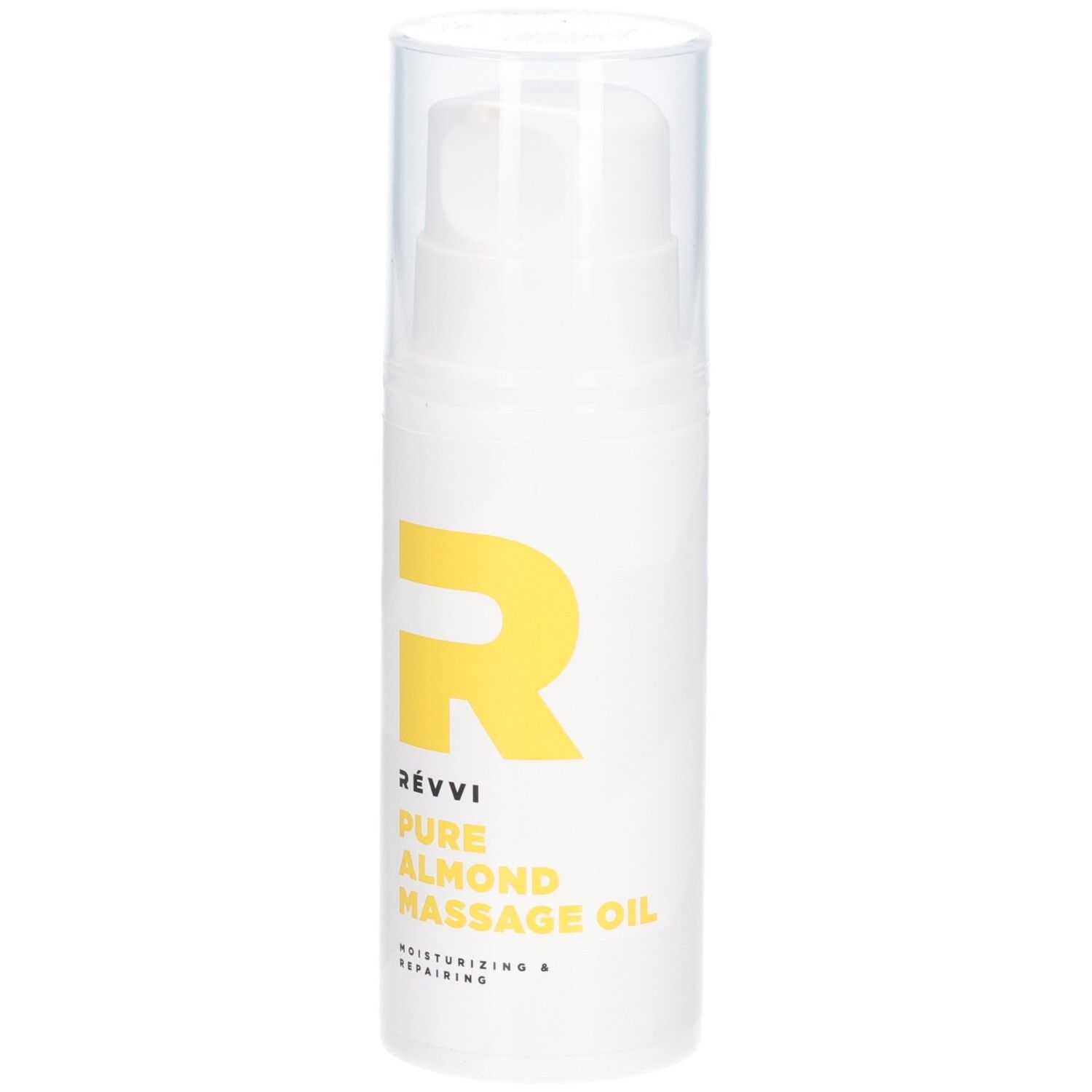 Flacon blanc avec logo et texte jaunes. Inscription : RÉVVI Pure Almond Massage Oil. Avec tête de pompe.