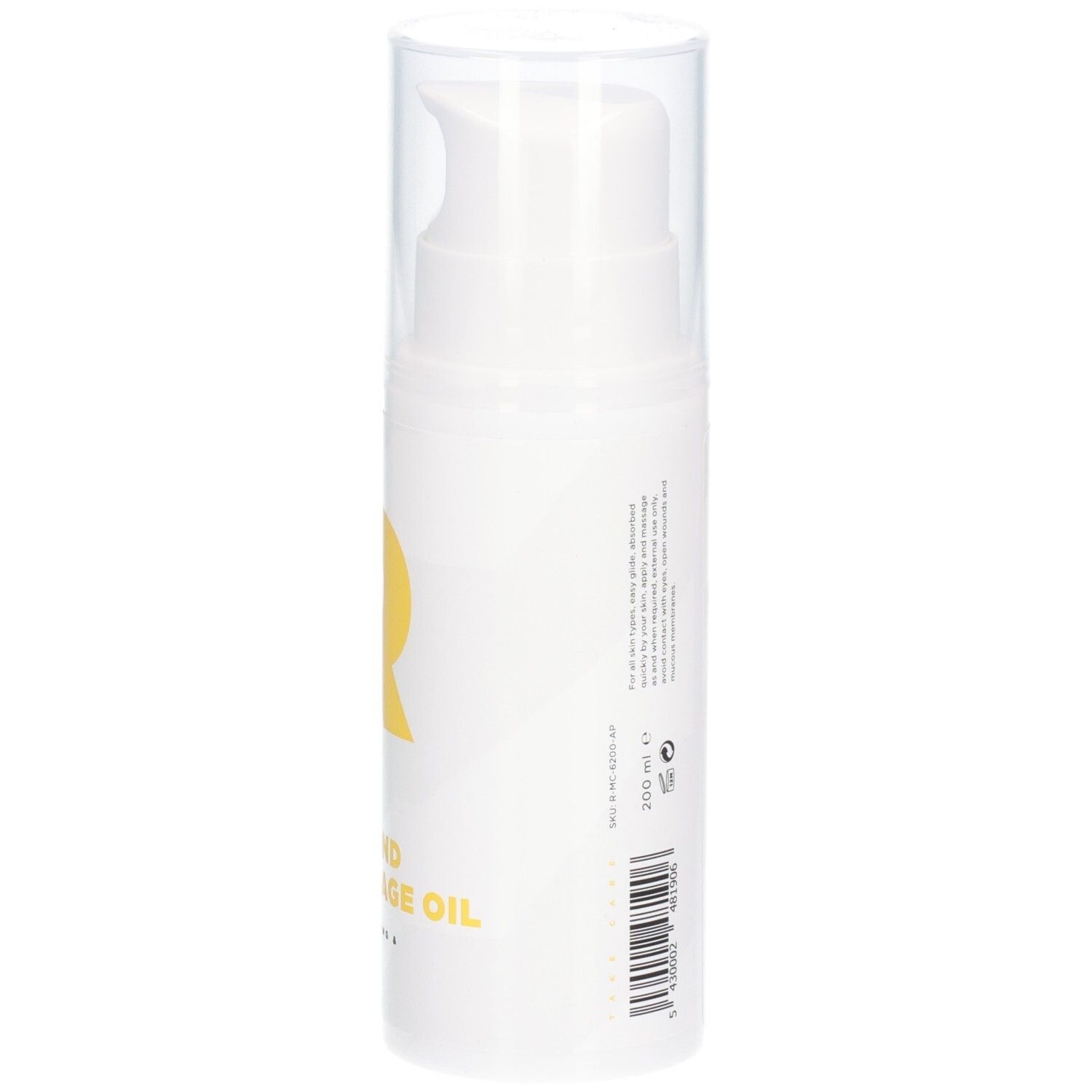 Flacon blanc avec texte et code QR. Inscription : RÉVVI Pure Almond Massage Oil. Avec tête de pompe.