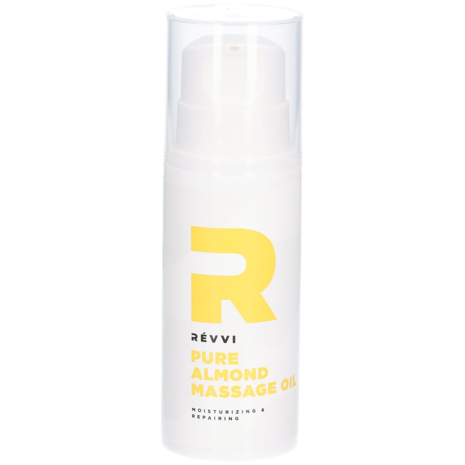 Flacon blanc avec logo et texte jaunes. Inscription : RÉVVI Pure Almond Massage Oil. Avec tête de pompe.