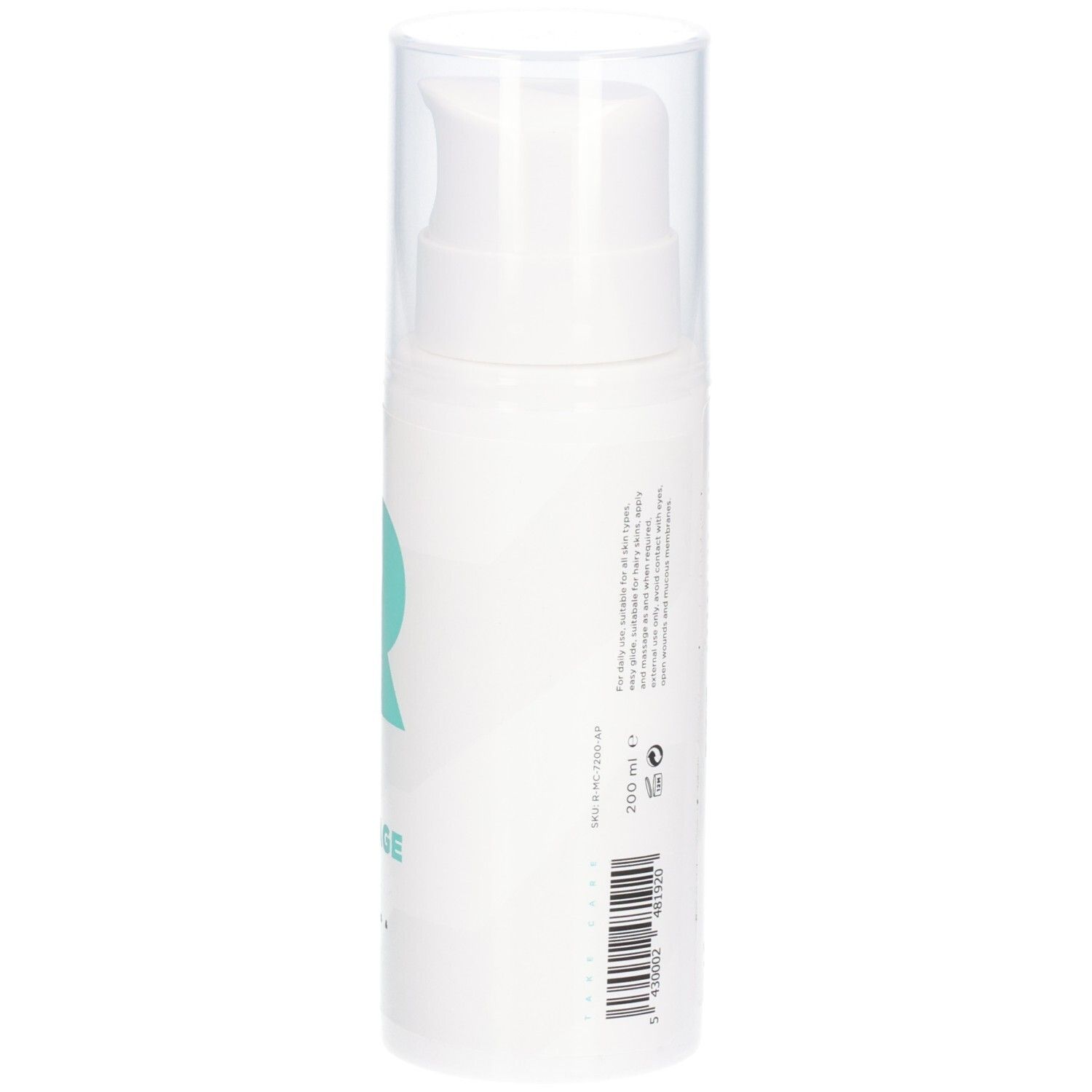 Flacon blanc avec pompe. Logo et texte turquoise : RÉVVI Basic Massage Oil. Inscription : Conditioning & Nourishing.