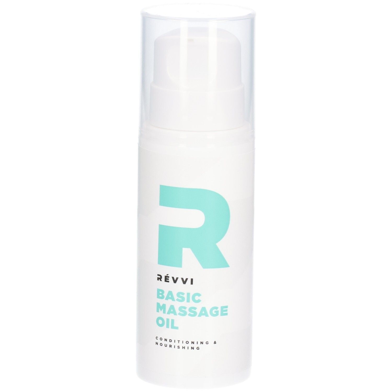 Flacon blanc avec pompe. Logo et texte turquoise : RÉVVI Basic Massage Oil. Inscription : Conditioning & Nourishing.
