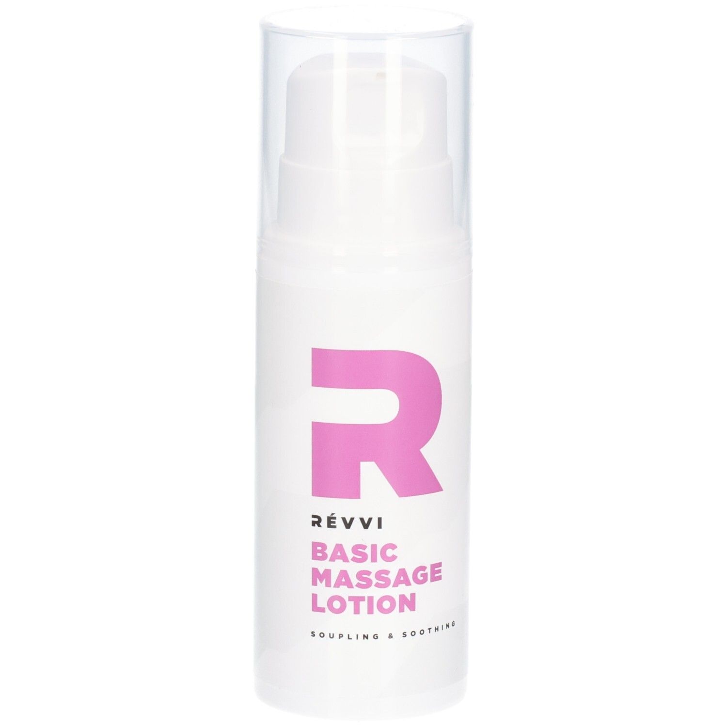 Flacon blanc avec logo rose et texte: RÉVVI Basic Massage Lotion. Avec pompe et bouchon transparent.
