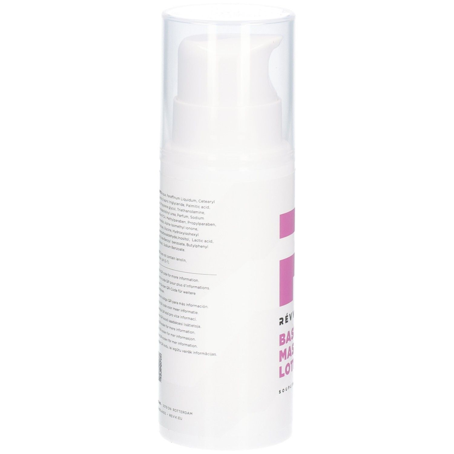 Flacon blanc avec texte. Dos avec ingrédients et QR code. Pompe et bouchon transparent.