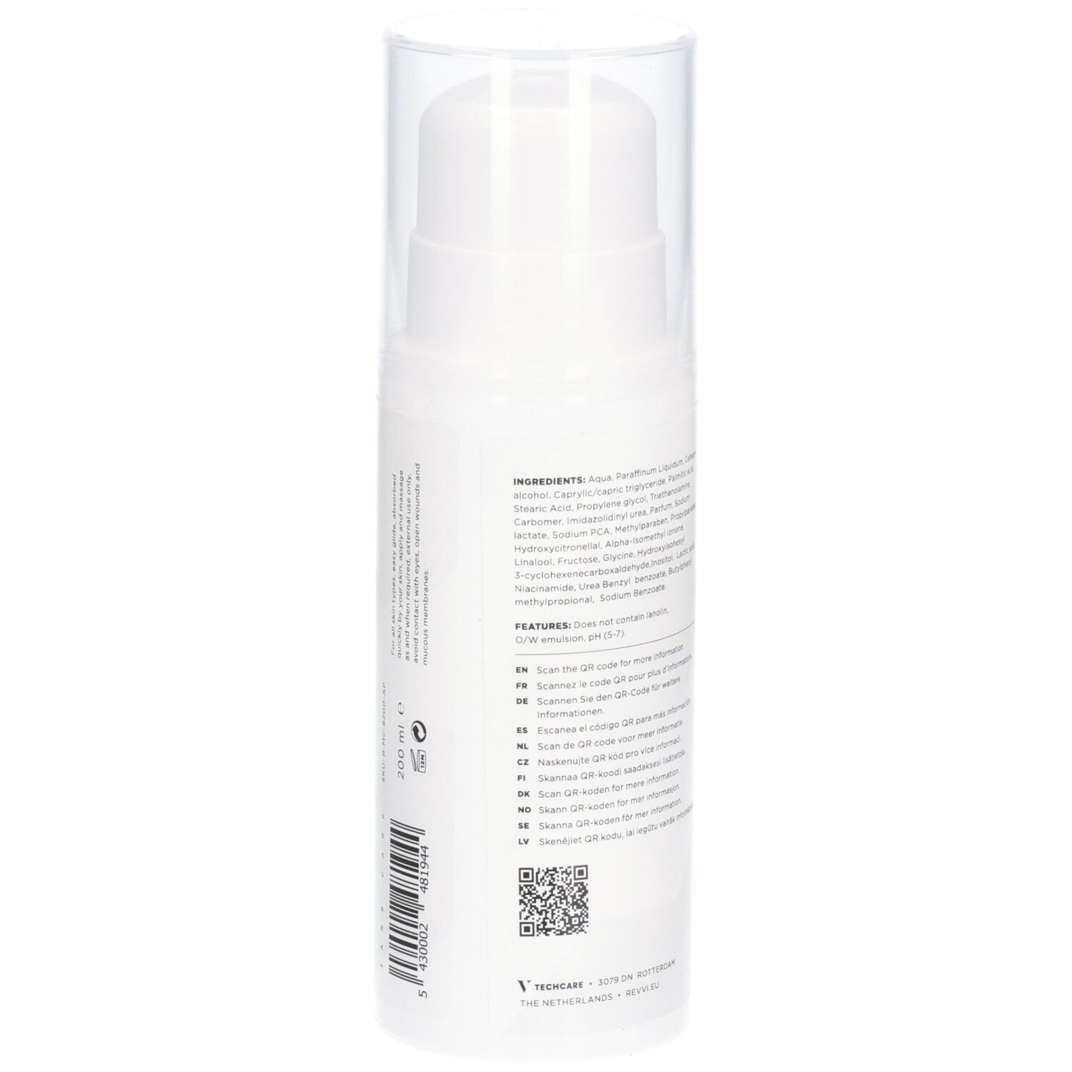 Flacon blanc avec texte. Dos avec ingrédients et QR code. Pompe et bouchon transparent.