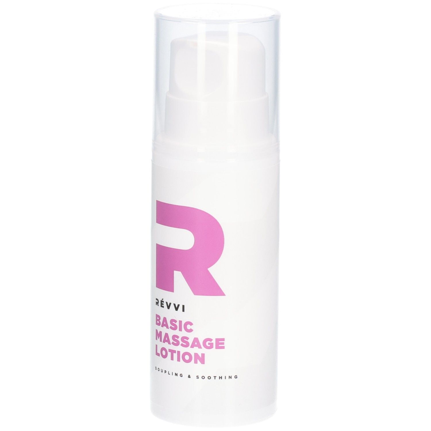 Flacon blanc avec logo rose et texte: RÉVVI Basic Massage Lotion. Avec pompe et bouchon transparent.