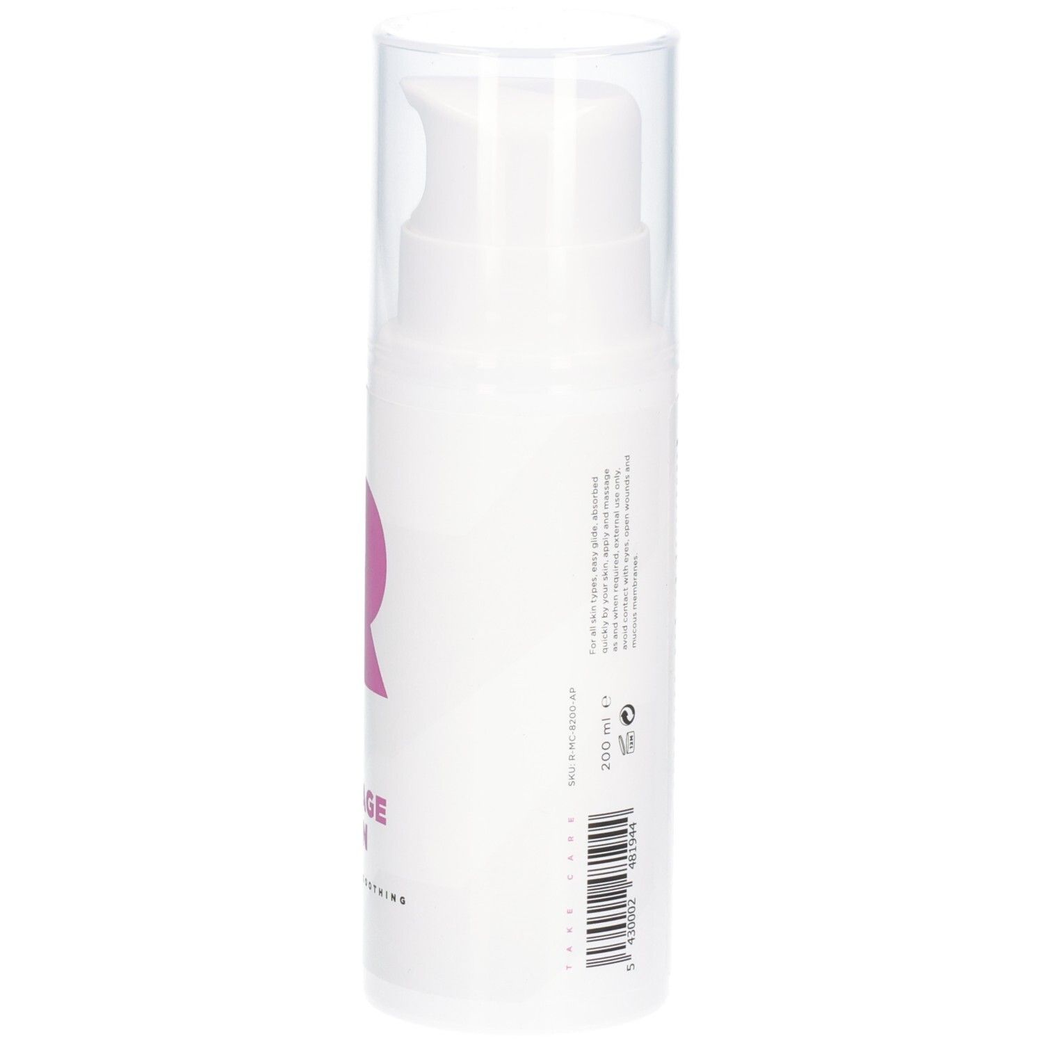 Flacon blanc avec logo rose et texte: RÉVVI Basic Massage Lotion. Avec pompe et bouchon transparent.