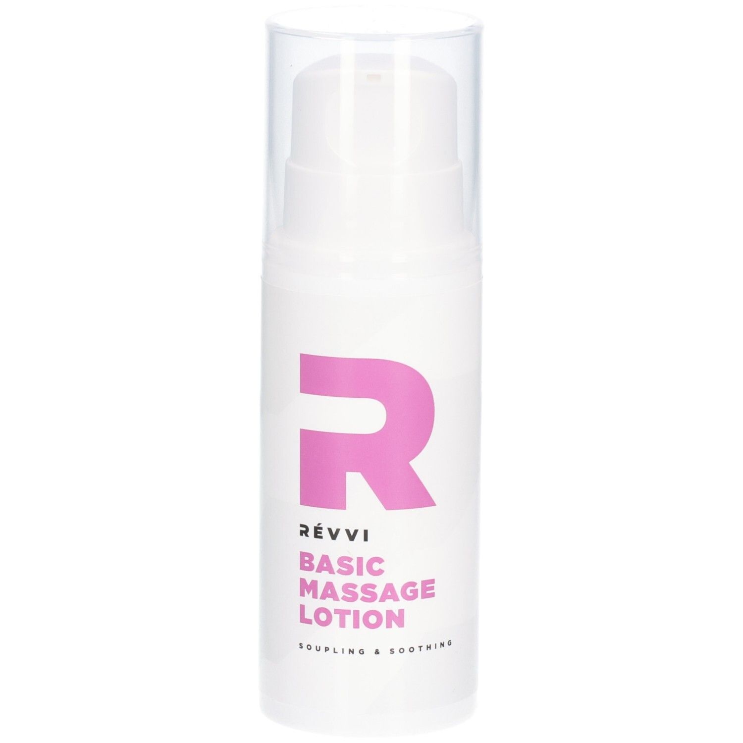 Flacon blanc avec logo rose et texte: RÉVVI Basic Massage Lotion. Avec pompe et bouchon transparent.